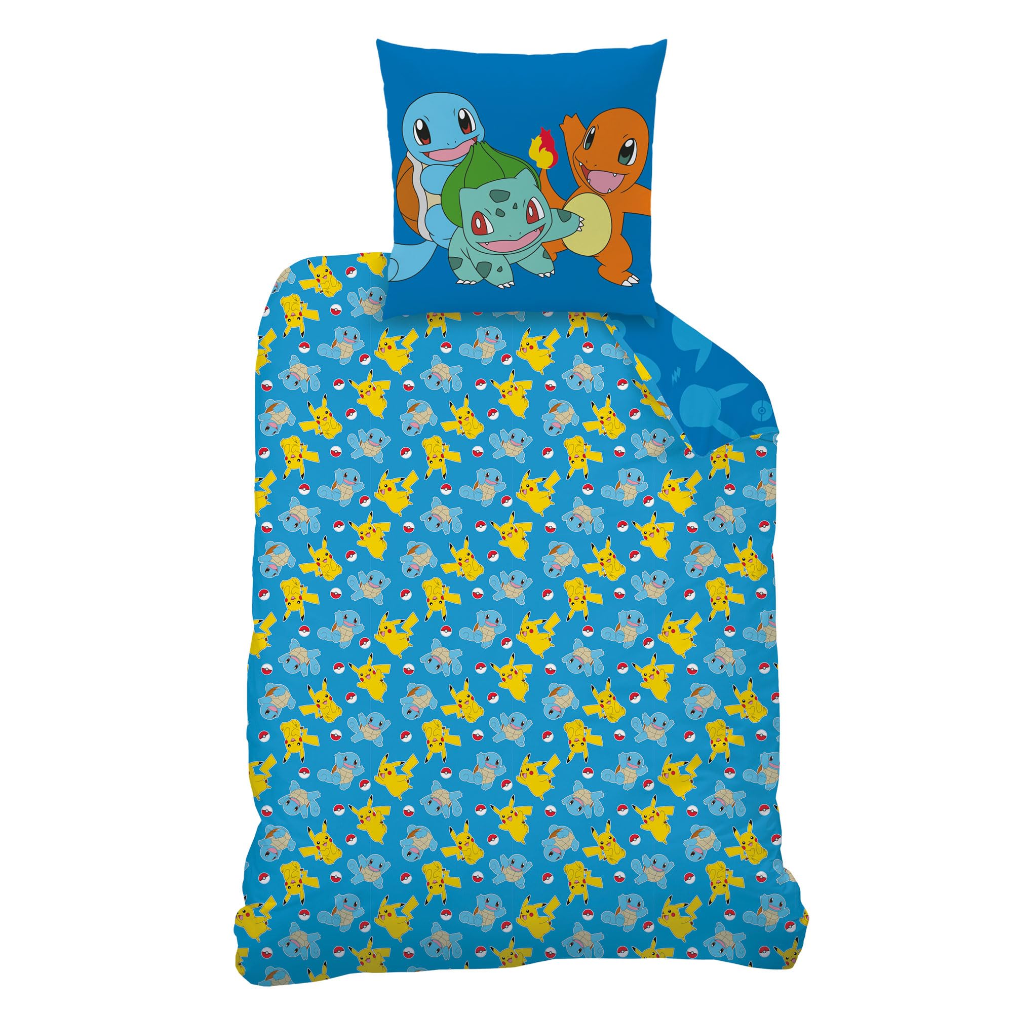 OMYDREAM Pokemon Goodbye Juego de cama infantil para 1 persona | 100% algodón | Oeko-TEX | Funda nórdica de 140 x 200 cm + funda de almohada de 63 x 63 cm | Estampado reversible para niño | Azul