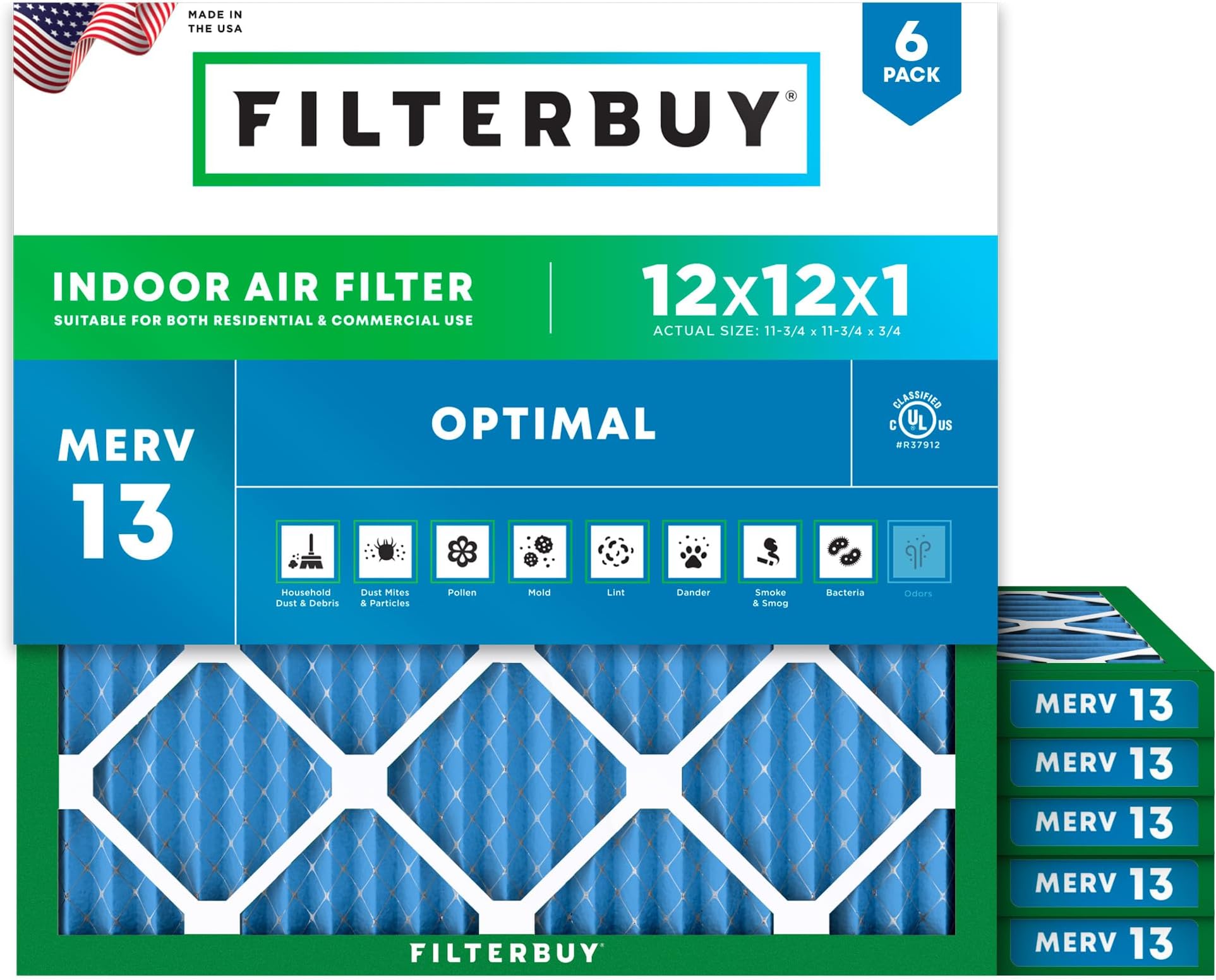 Filterbuy 12x12x1 Air Filter MERV 13 Optimal Smoke & Allergy Defense (6-Pack), Electrostatic Pleated HVAC AC Furnace Filters Replacement, Made in USA (Actual Size: 11.75 x 11.75 x 0.75)