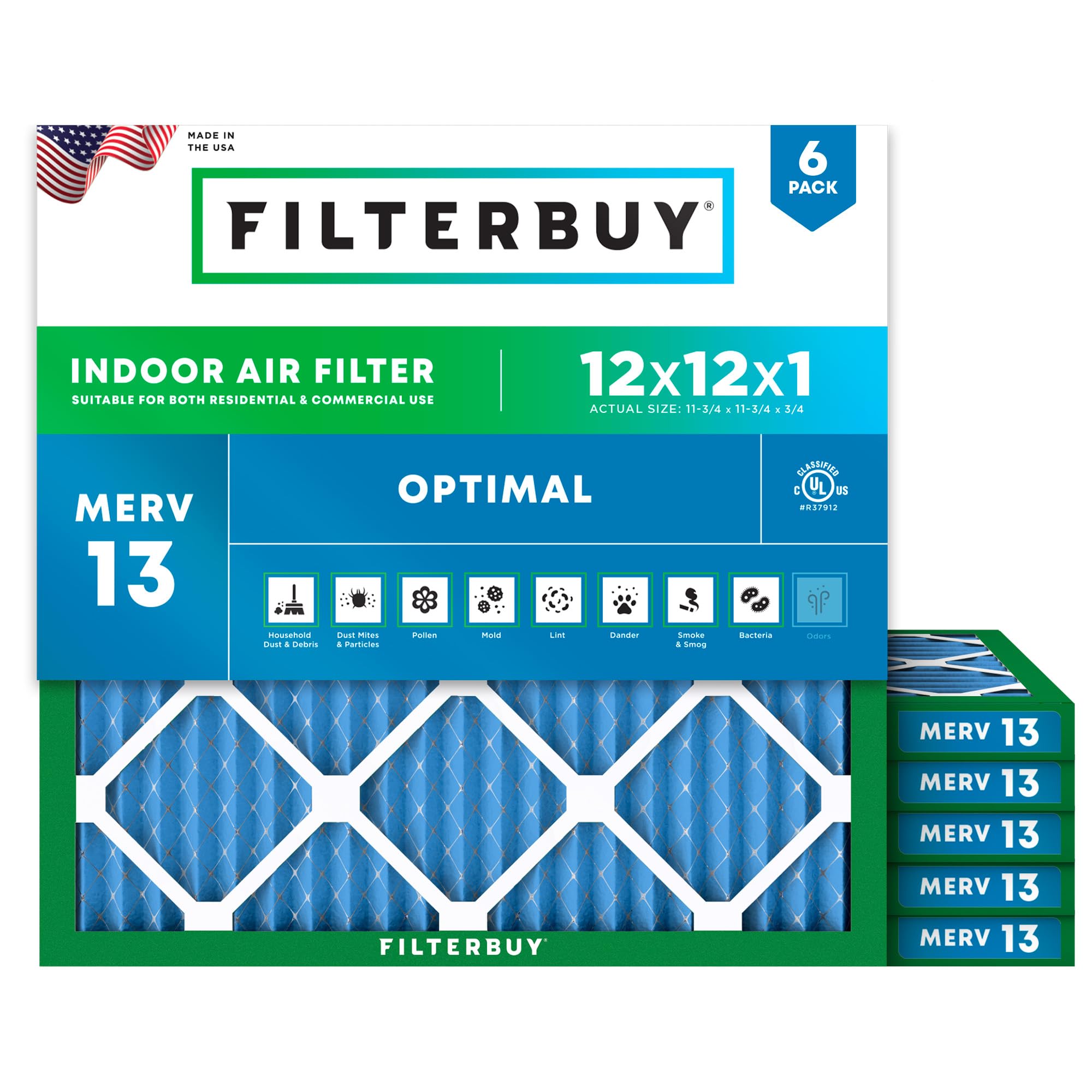 Filterbuy 12x12x1 Air Filter MERV 13 Optimal Smoke & Allergy Defense (6-Pack), Electrostatic Pleated HVAC AC Furnace Filters Replacement, Made in USA (Actual Size: 11.75 x 11.75 x 0.75)