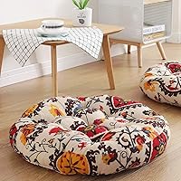 Sexysamba Boho Round Floor Pillow 22x22 - Soft Cotton Linen Mandala Pouf for Yoga Meditation Reading Nooks Adults Kids Beige Flowers