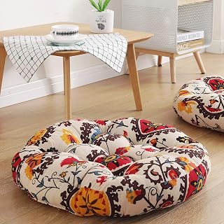 Sexysamba Boho Round Floor Pillow 22x22 - Soft Cotton Linen Mandala Pouf for Yoga Meditation Reading Nooks Adults Kids Beige Flowers