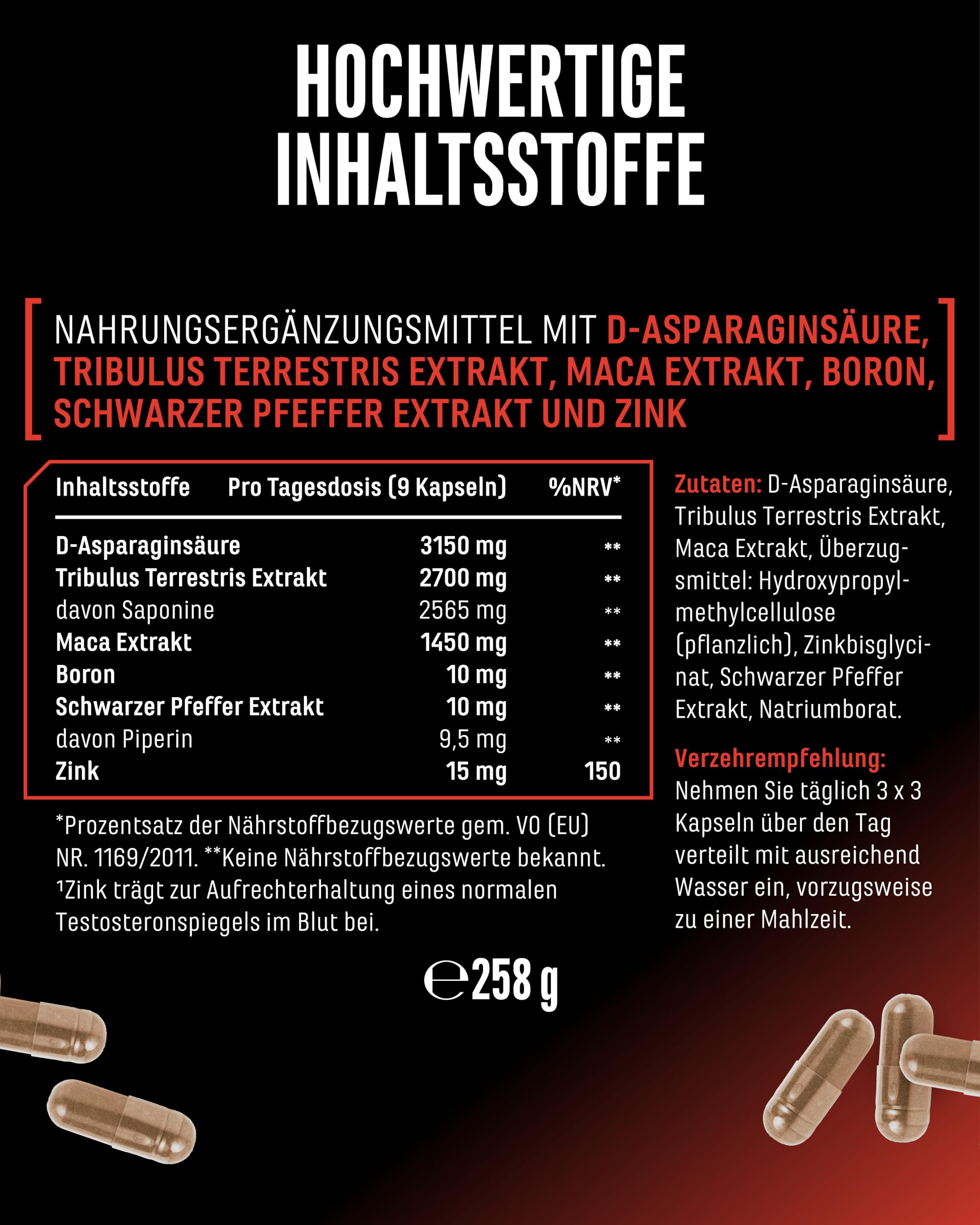 Testo MAX® - 270 Kapseln - extra hochdosiert mit 7323 mg pro Tagesdosis - mit D-Asparaginsäure - Tribulus - Maca Extrakt - Bor - Zink - Aminosäuren - vegan