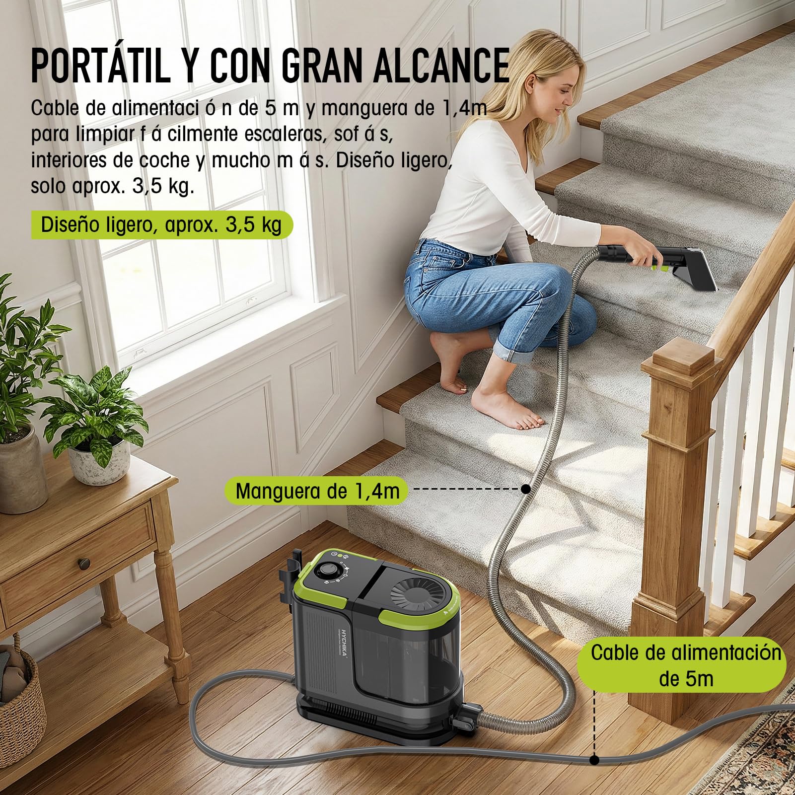 HYCHIKA Limpiador de Tapicerías con Aspiración y Lavado 1800W | 17 kPa, Limpiador de Alfombras con Lavado y Aspiración, Limpiador Textil Portátil, Quitamanchas para Sofá, Tapicerías y Coche