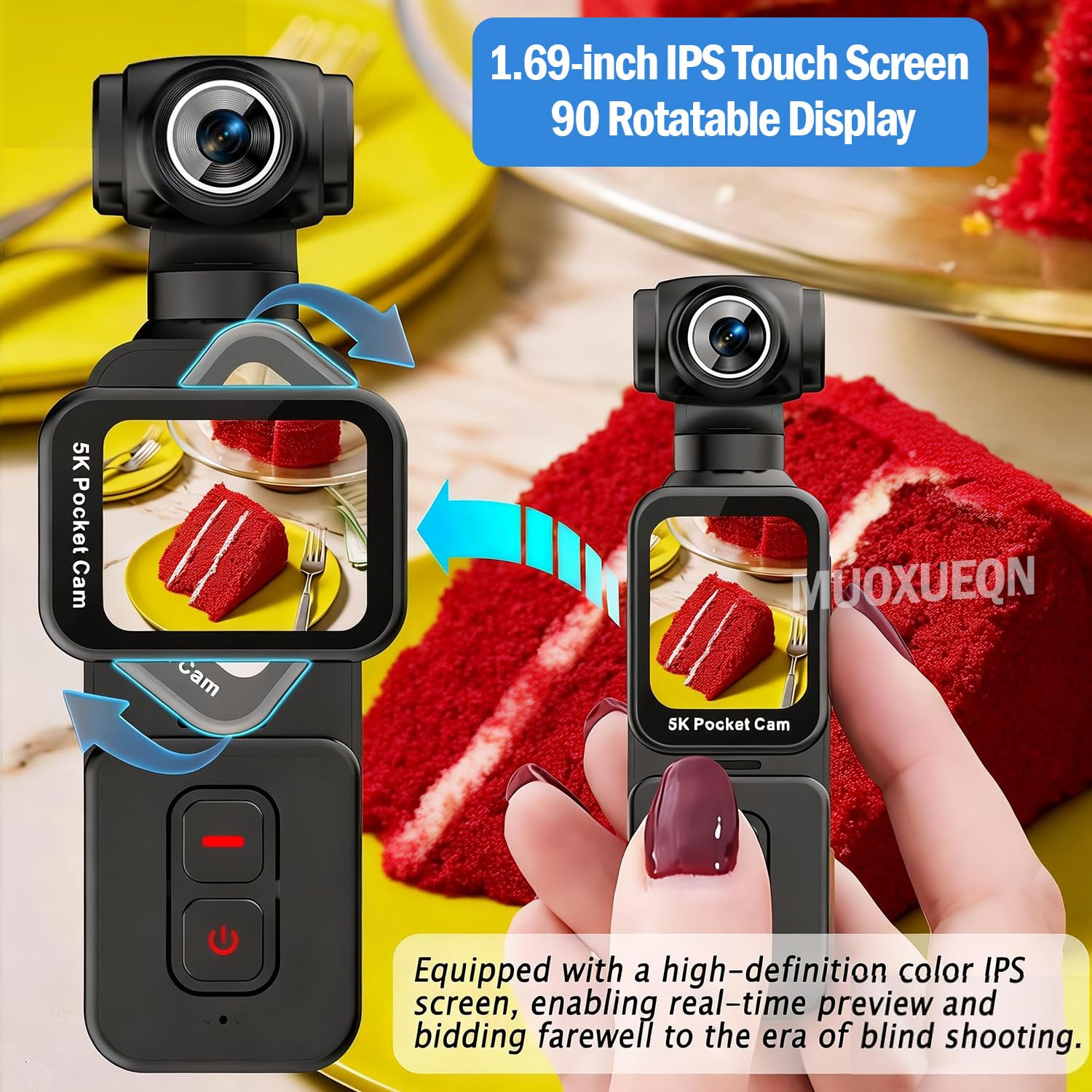 5K Handheld Action Camera, Portable Pocket Vlogging Camera with Image Stabilization, 270° Rotatable Wide-Angle Lens, Rotating Touchscreen, WiFi, Remote & App Control for Travel Sports (128G) — view 8