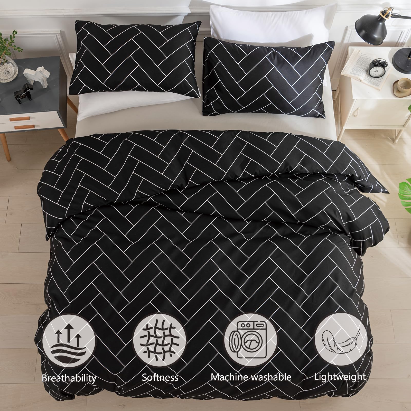 Double Duvet Set, Black Double Duvet Cover Set including Zipper Closure, 3 Piece Bedding Set - Image 3