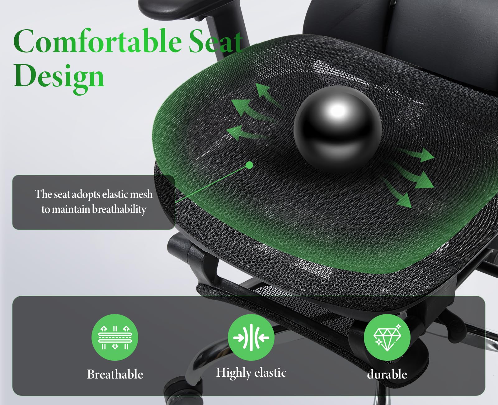 Bürostuhl ergonomisch, Schreibtischstuhl Atmungsaktiv, Schwarz | Drehstuhl Wippfunktion bis 135°, mit 3D verstellbare Armlehne, Fußstütze & Lendenwirbelstütze, Mesh-Stoff, für Home Office