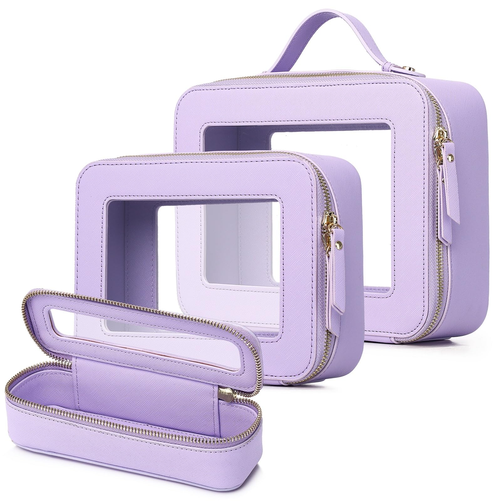 Travel Makeup Set Waterproof Transparent Cosmetic Bag and Toiletry Bag Makeup Brush case with Zipper Car Essentials for Women (Purple, L+M+SLIM)