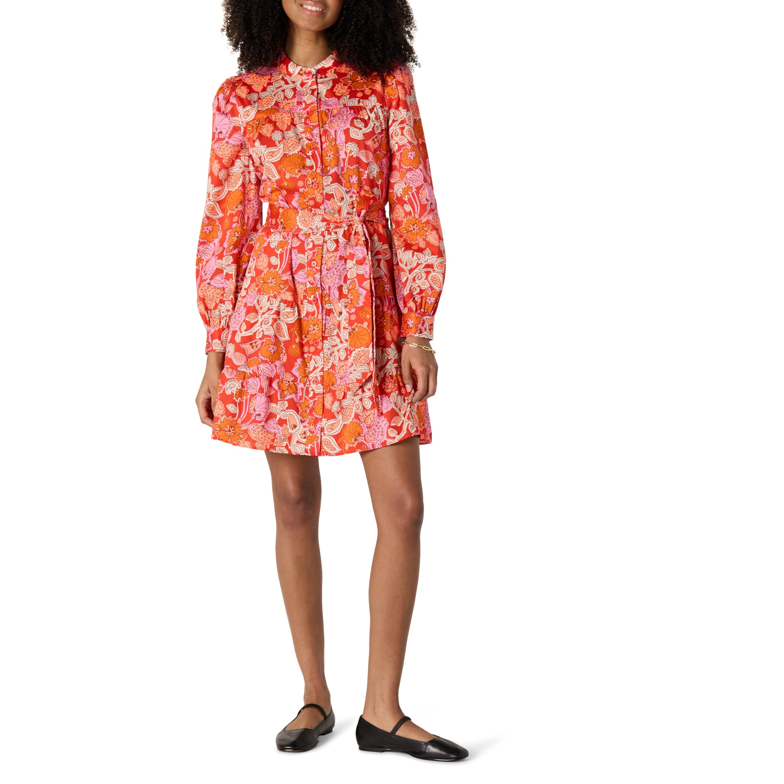 Amazon Essentials Abito Chemisier da Donna a Balze in Rasatello di Cotone, vestibilità Regolare, Rosso Papavero Brillante, Rosa Cipria, Rosso Papavero Brillante Folk Floral Multi, XXL