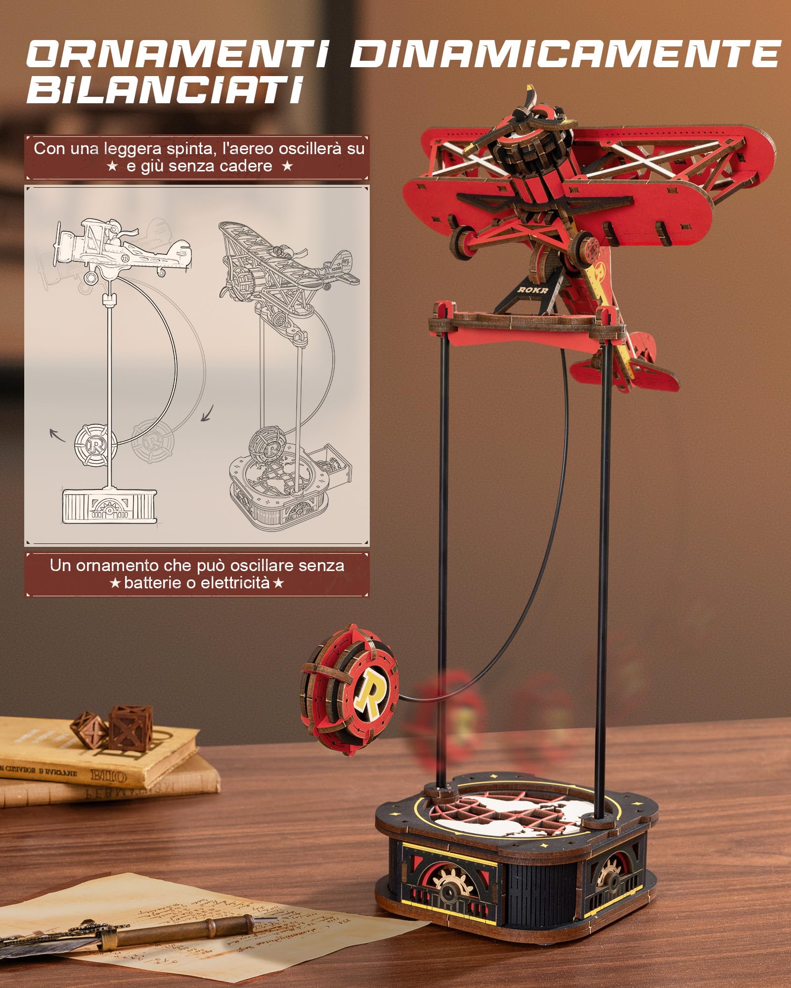 ROKR 3D Puzzle in Legno Aereo, Modellismo da costruire Adulti Capitano del cielo, Oscillazione Gravitazionale Decorazione, Regali per adulti e bambini, Sky Captain MCD01