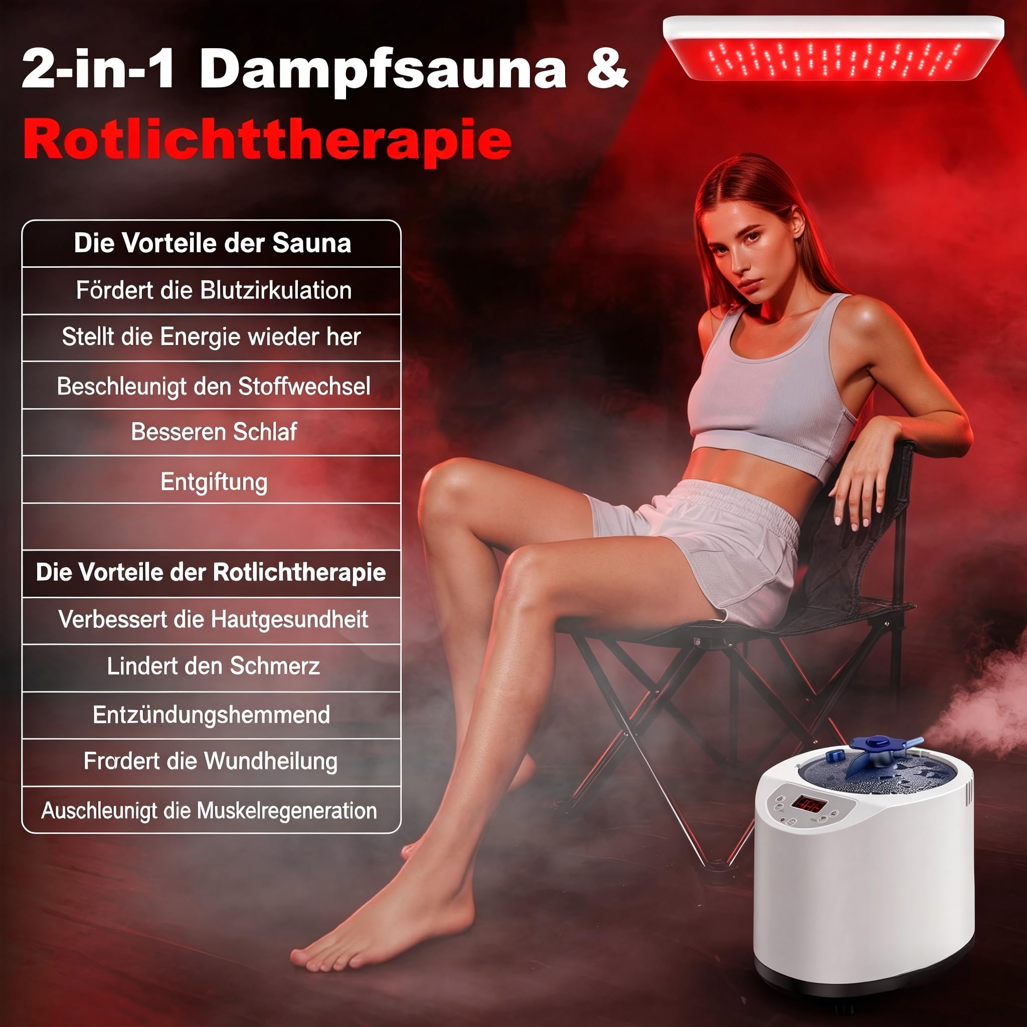 I-THERA-U Sauna de infrarrojos para el hogar - Sauna portátil de vapor de 660 y 850 nm sauna de vapor de cuerpo entero con 3L 1200 W generador de vapor baño de vapor, 15 niveles de calor, silla, mando