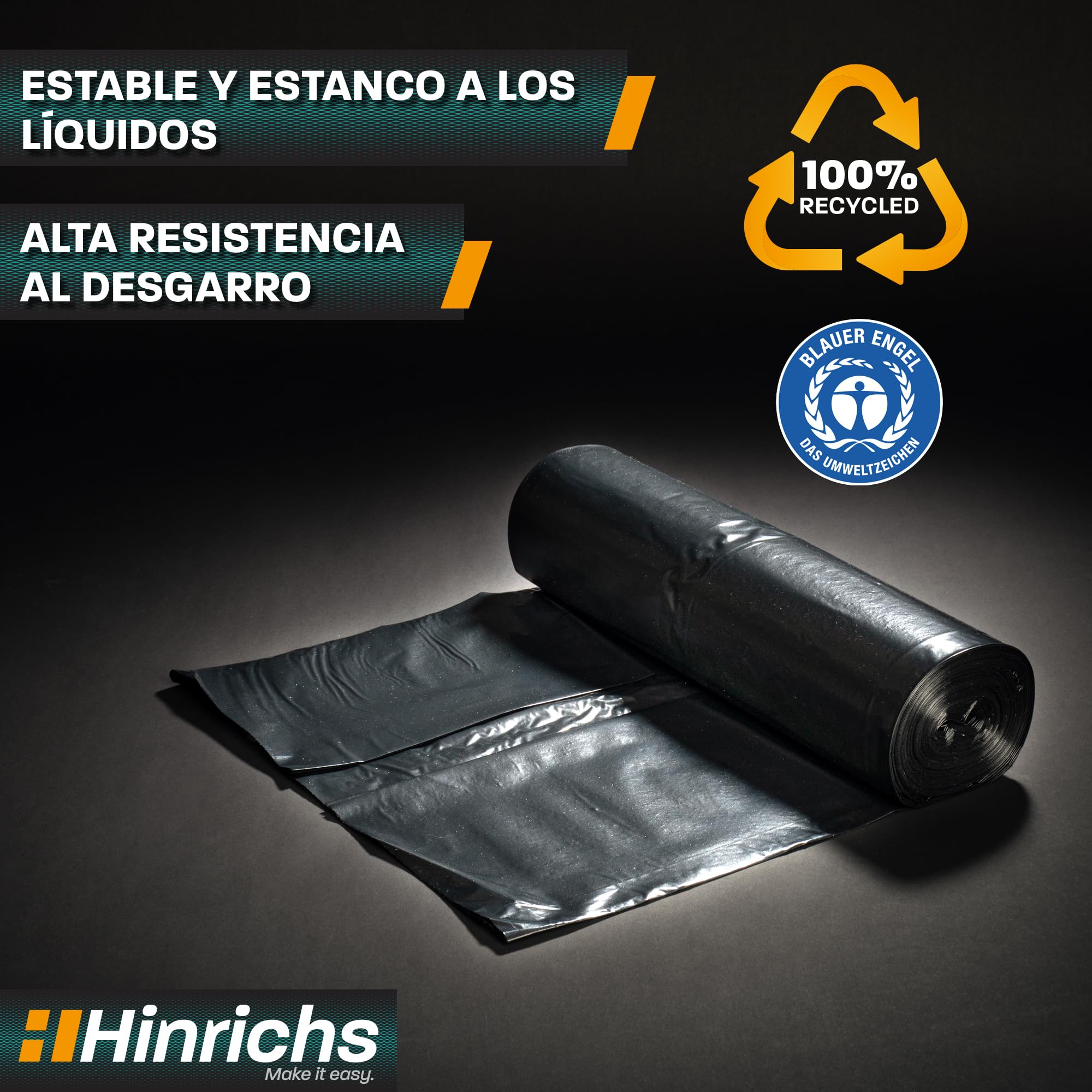 Hinrichs Bolsas de Basura Extrafuertes 240L – Rollo 15 uds – 100x125 cm – Saos para residuos muy resistentes – Plástico reciclado LDPE – Bolsas negras para desechos