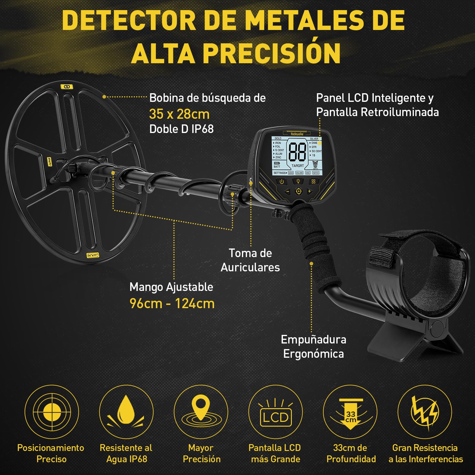 Hazlewolke Detector de Metales con Bobina de Búsqueda de 14'' Grande Doble D Impermeable,4 Modos,Alta Sensibilidad y Localización,Detector de Metales Profesional con Pantalla LCD Retroiluminada - DD90