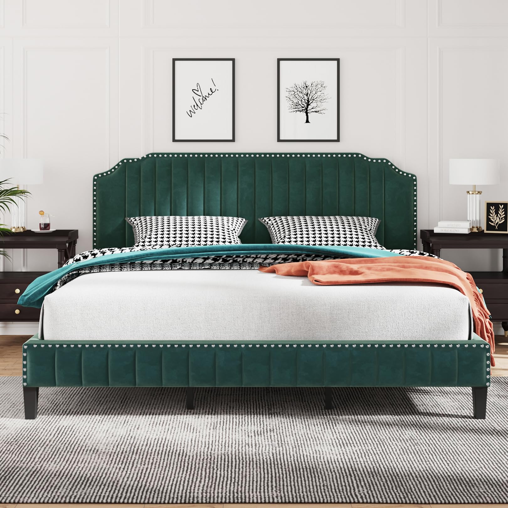 GERDIOEBKing Size Velvet Upholstered Platform Bed Frames with Comfy Curved Headboard, Modern Elegant Royal Platform Bed with Nail Head Trim, No Box Spring Needed for Bedroom Boys Girls, Green (King)