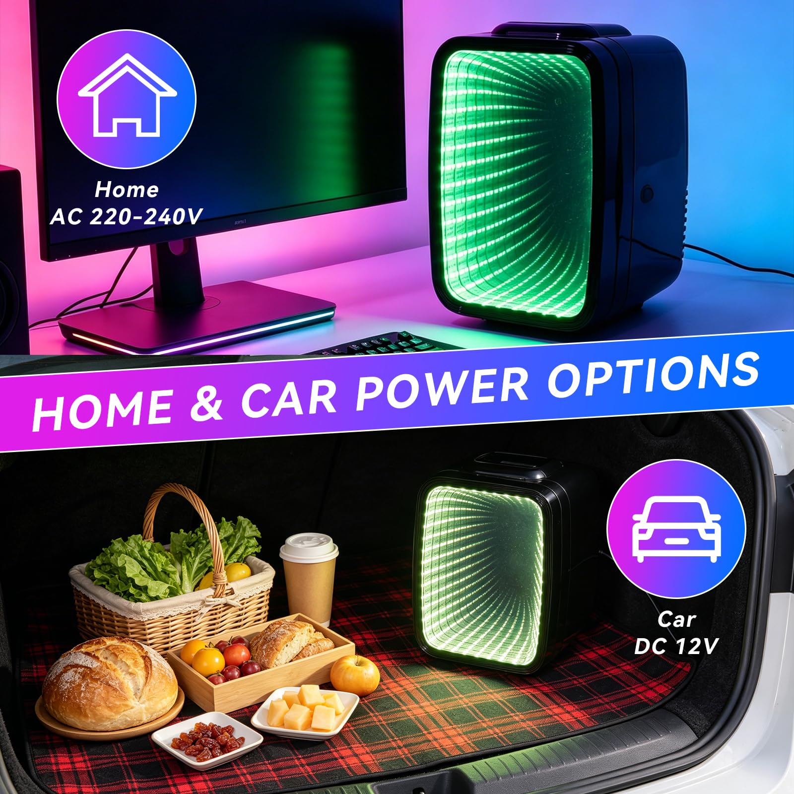 Enventor Mini lodówka 4 l / 6 puszek, przenośna lodówka i pojemnik utrzymujący ciepło, mała lodówka, AC + 12 V DC, RGB Infinity, 6 trybów ściemniania, do sypialni, pokoju gier, biura, samochodu