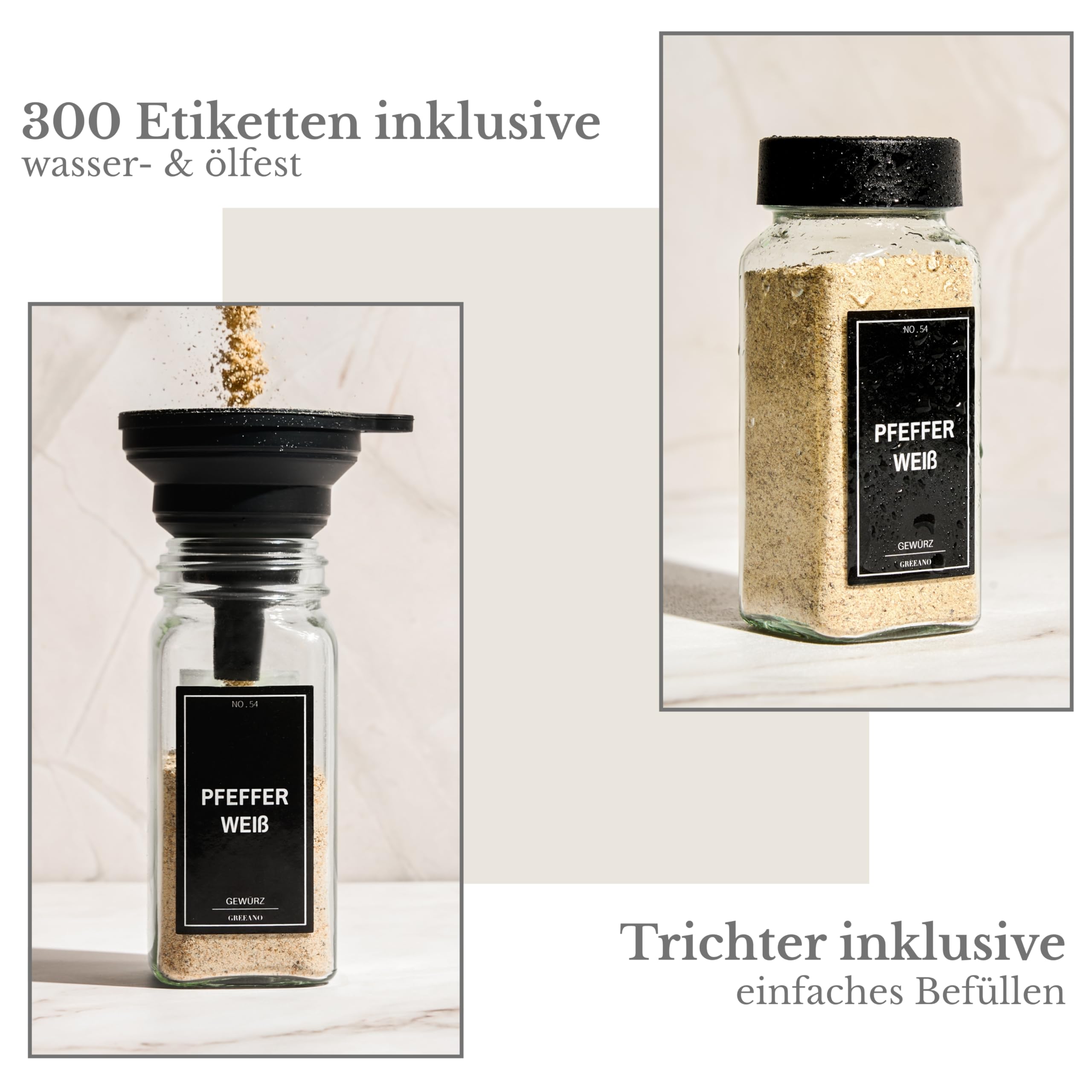 Juego de tarros de especias [24 x 120 ml] con 300 etiquetas [DE] – Almacenamiento de especias con bandeja para esparcir – Tarros de cristal – Tarros de especias – Tarros de especias – Tarros