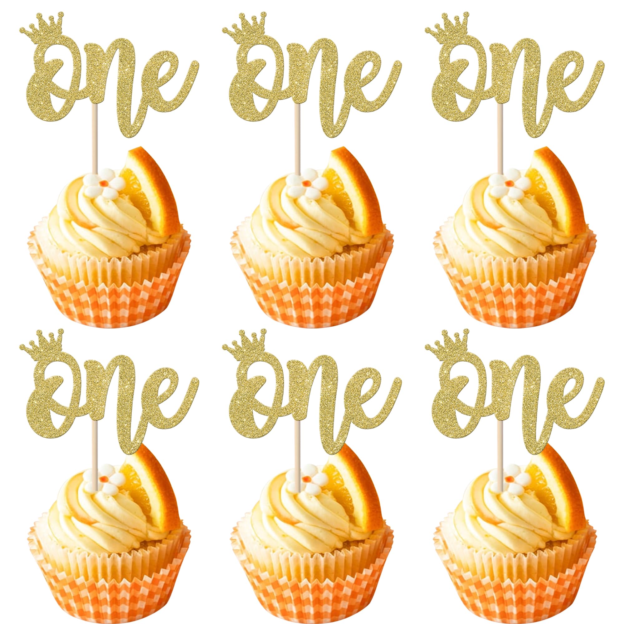Rsstarxi 24 Pack First Birthday Cupcake Toppers Glitter Crown One Cupcake Picks 1st Birthday Cake Decorations for Crown Theme Baby Shower Party Decorations Gold
