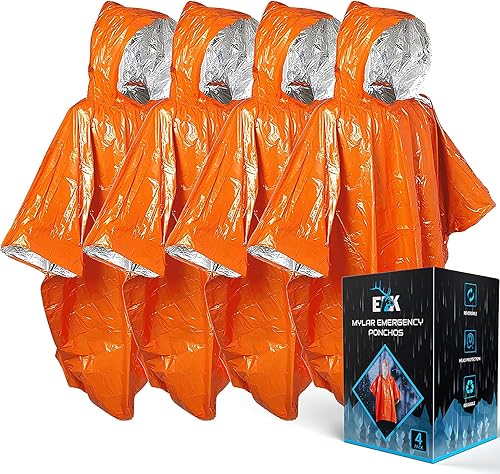 ELK Poncho de emergencia, paquete de 4 unidades, retención de calor, manta térmica reversible de Mylar, reflectante para mayor visibilidad, equipo