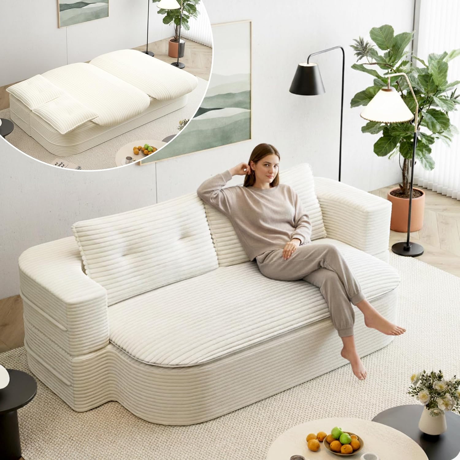 78.7'' Folding Sofa Bed Queen Sleeper Sofa, 2-in-1 Convertible Corduroy Boneless Couch with Blanket, Modern Futon Loveseat Couches for Living Room, Guest Bed, No Assembly Couch, Beige