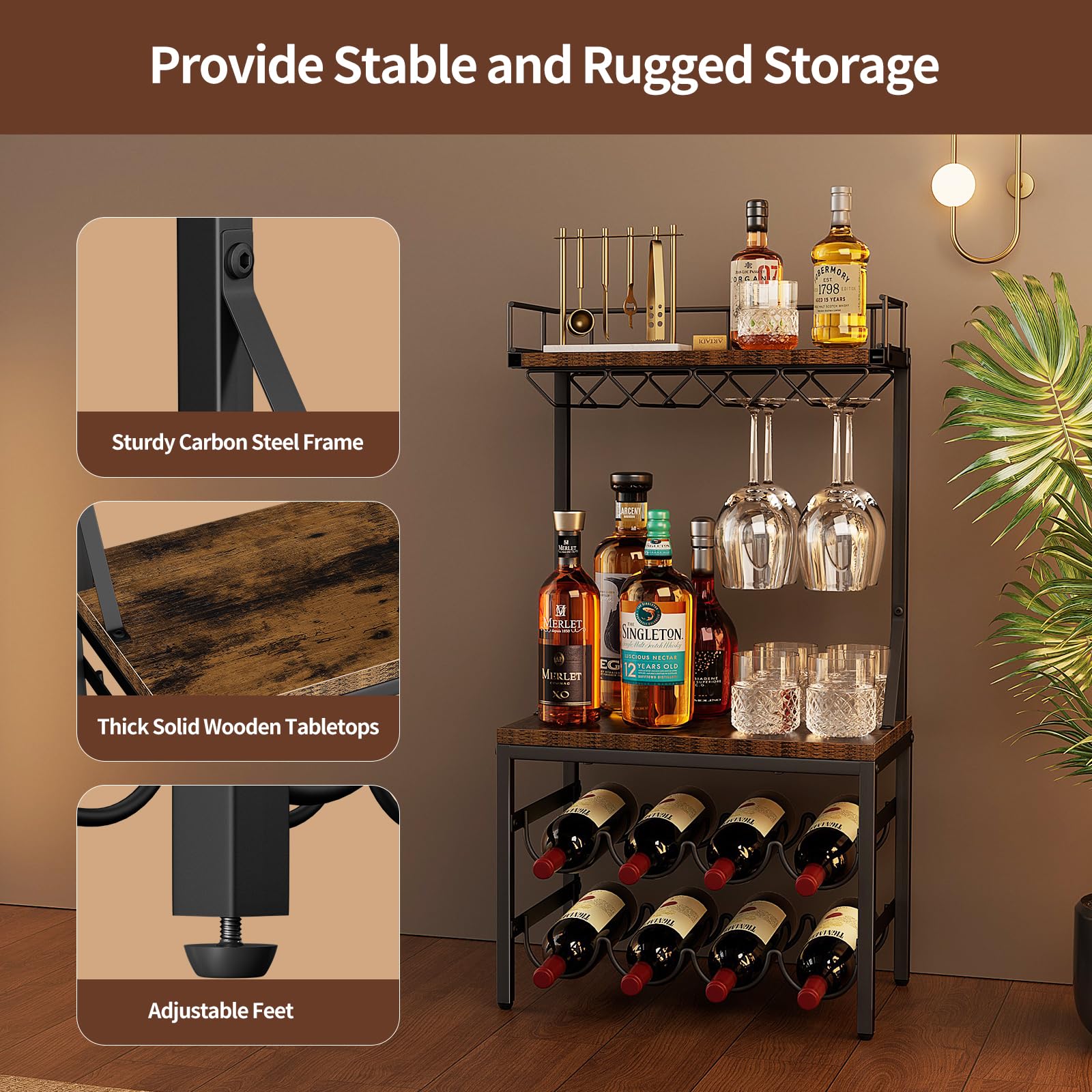 Nuovoware 3-poziomowa szafka na alkohol z uchwytem na butelkę, mini bar uniwersalny wolnostojący stojak na wino z blatem i 8 uchwytami na kubki, retro brązowy+czarny