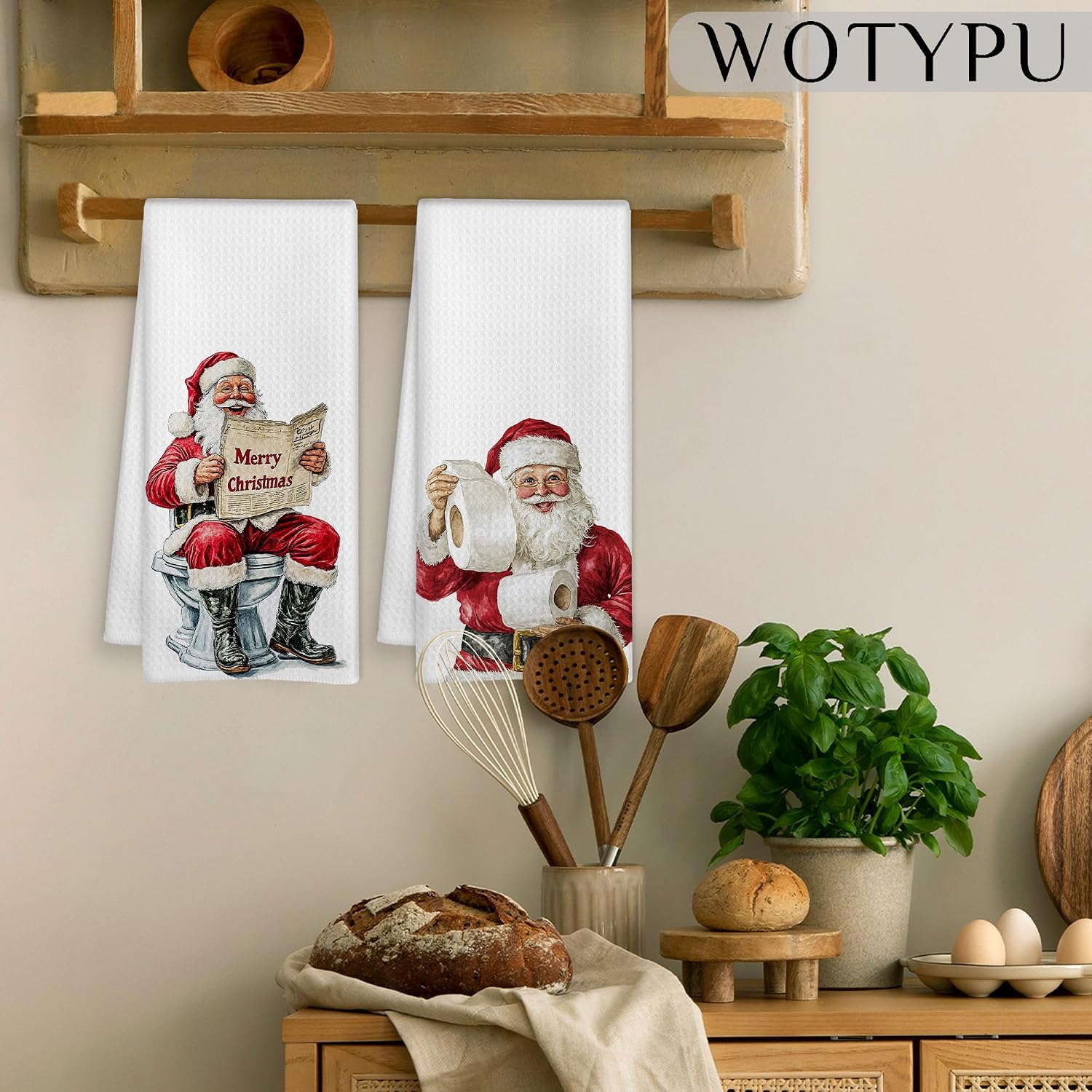 Funny Santa Bathroom Hand Towels, Christmas Bathroom Decor, Retro Xmas Santa Claus Decorative Hand Towels for Guest Bath Room Washroom Power Room Half Bath, 16x24 Inch Set of 2