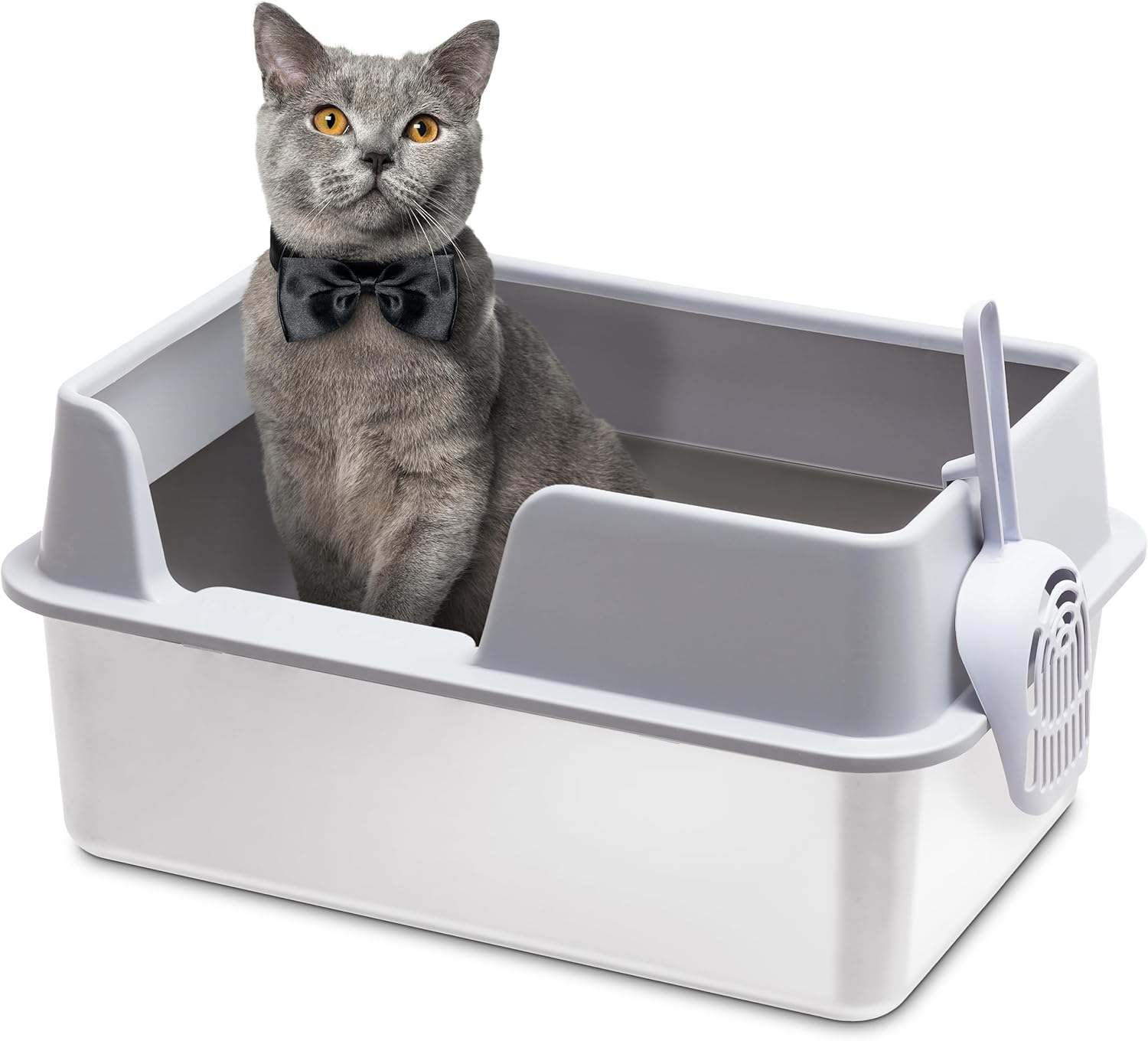 Citylife Stainless Steel Litter Box Cat Litter Box Enclosure with Lid 19.49" L x 13.6" W x 6.7" H, Metal Litter Box for Kitty Cats with High Sided, Non-Sticky, Odorless, Spill Proof, Light Grey Grey XX-Large