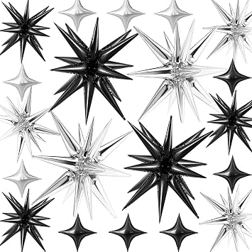 20 Pcs Star Balloons 2722Explosion Foil Balloons- Spike Balloon and Four Pointed Star Balloon for Party Supplies Christmas Birthday Wedding Photo Booth Silver Black
