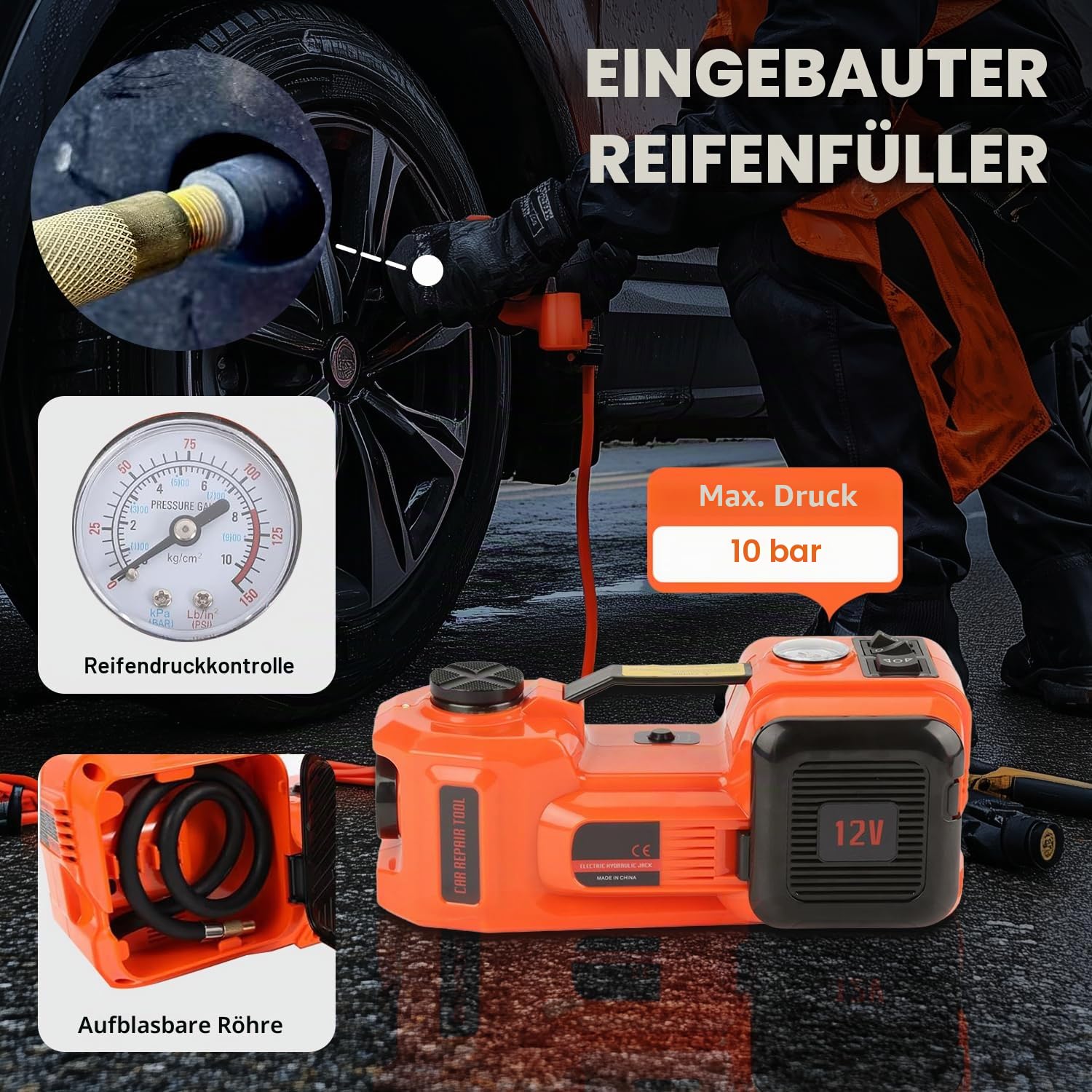 VOBOR Elektrischer Wagenheber 5T, 12V Hebebühne Auto mit Aufblasbare Pumpe und Licht LED, 135-360 mm Wagenheber Hydraulischer für Auto, SUV, Limousine, MPV, LKW, Reifenwechsel, Garage Reparatur