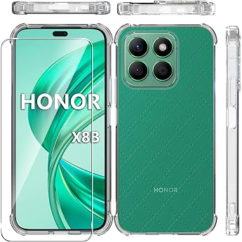 zZjoOoj Clear Silicone Case for Honor X8b + [Pack of 1] Tempered Glass Screen Protector with Shockproof Protective Corners Transparent Protective Case Soft TPU Transparent Mobile Phone Case Scratch-Resistant Case Cover