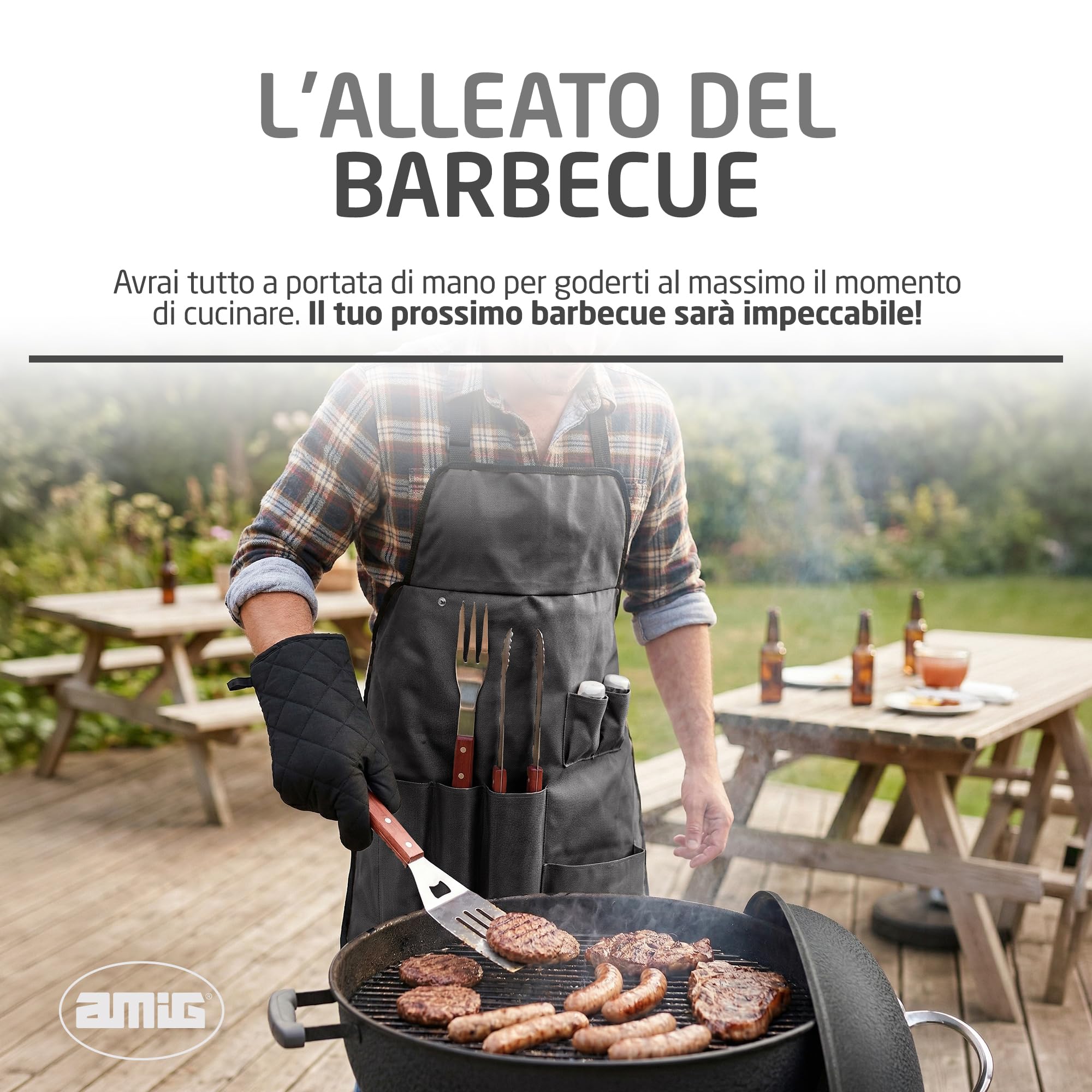 Amig - Grembiule barbecue con 7 accessori - Acciaio inossidabile - Set utensili BBQ - Con tasche - Accessori pratici e presentazione curata per regalo - Mod. AM17