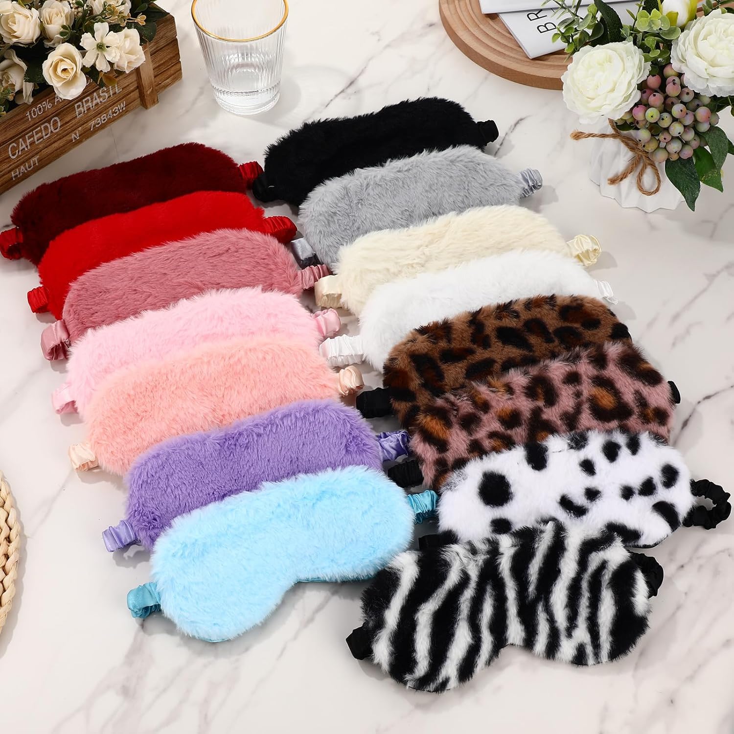Chicingyou 45 Pieces Plush Eye Mask Bulk Sleeping Blindfold Satin Back Assorted Color Soft, Fluffy Eye Cover, Party Favors for Adult
