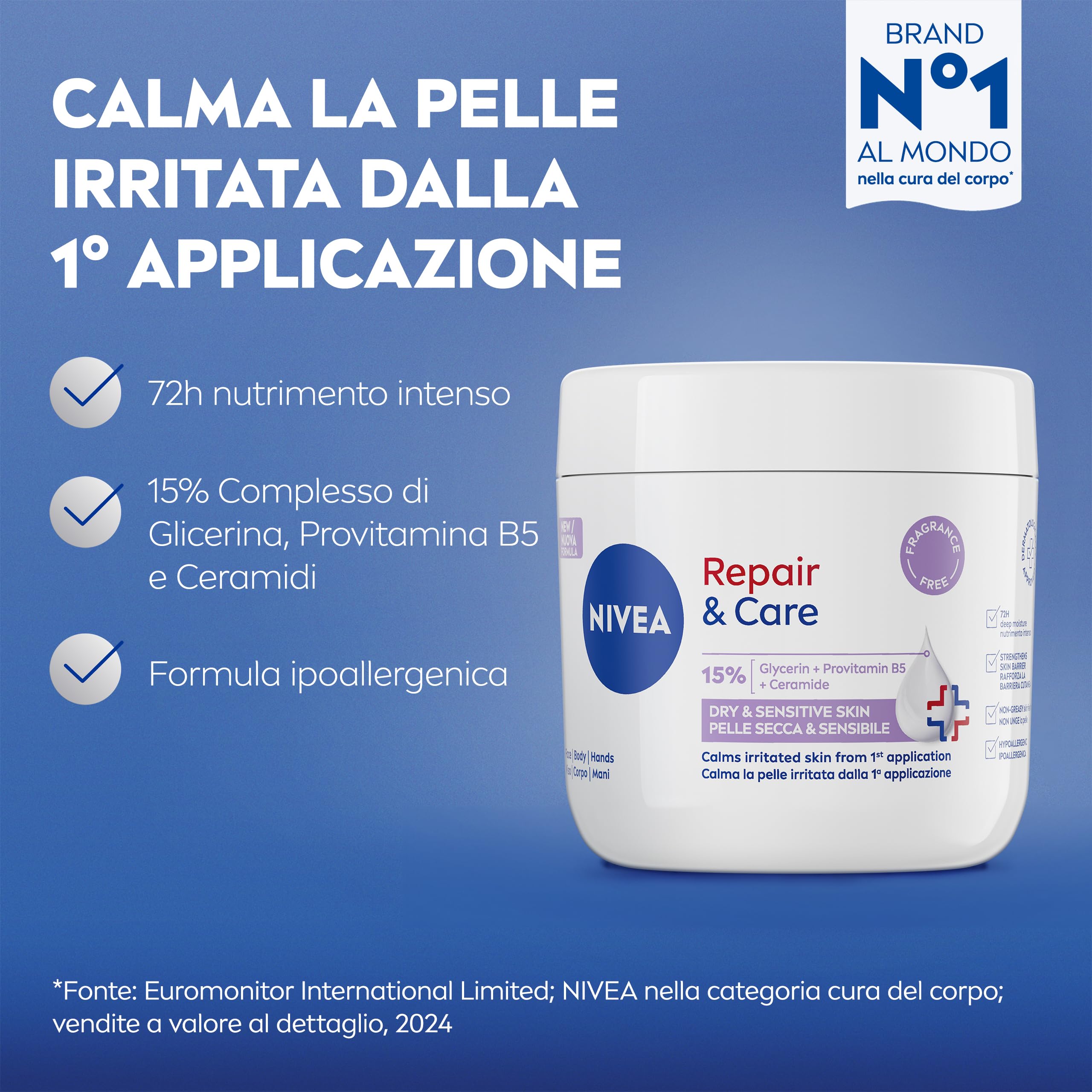 NIVEA Repair & Care Sensitive Senza Profumo 400 ml, Crema multiuso idratante 72H per pelle secca e sensibile, Crema corpo, viso e mani ipoallergenica con 15% Glicerina, Provitamina B5 e Ceramidi