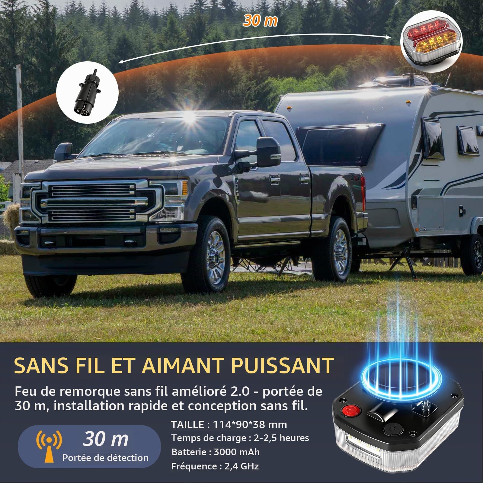 Feu remorque sans fil, Kit de Feux LED Rechargeables Étanches, Magnétique 12v feux remorque approuvé ECE pour voiture camion caravan Remorque IP67 E9