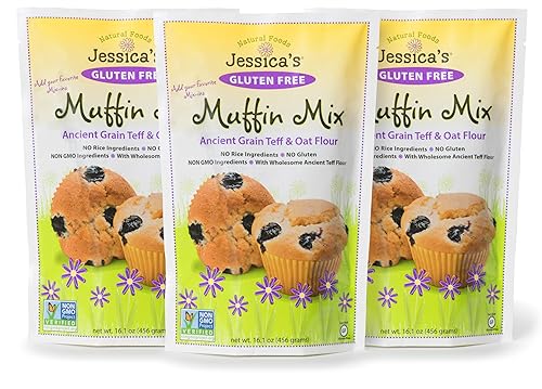 Jessica's Natural Foods - Mezcla de muffins sin gluten hecha con Teff de grano antiguo y harina de avena saludable, sin OMG y sin gluten. 3 por