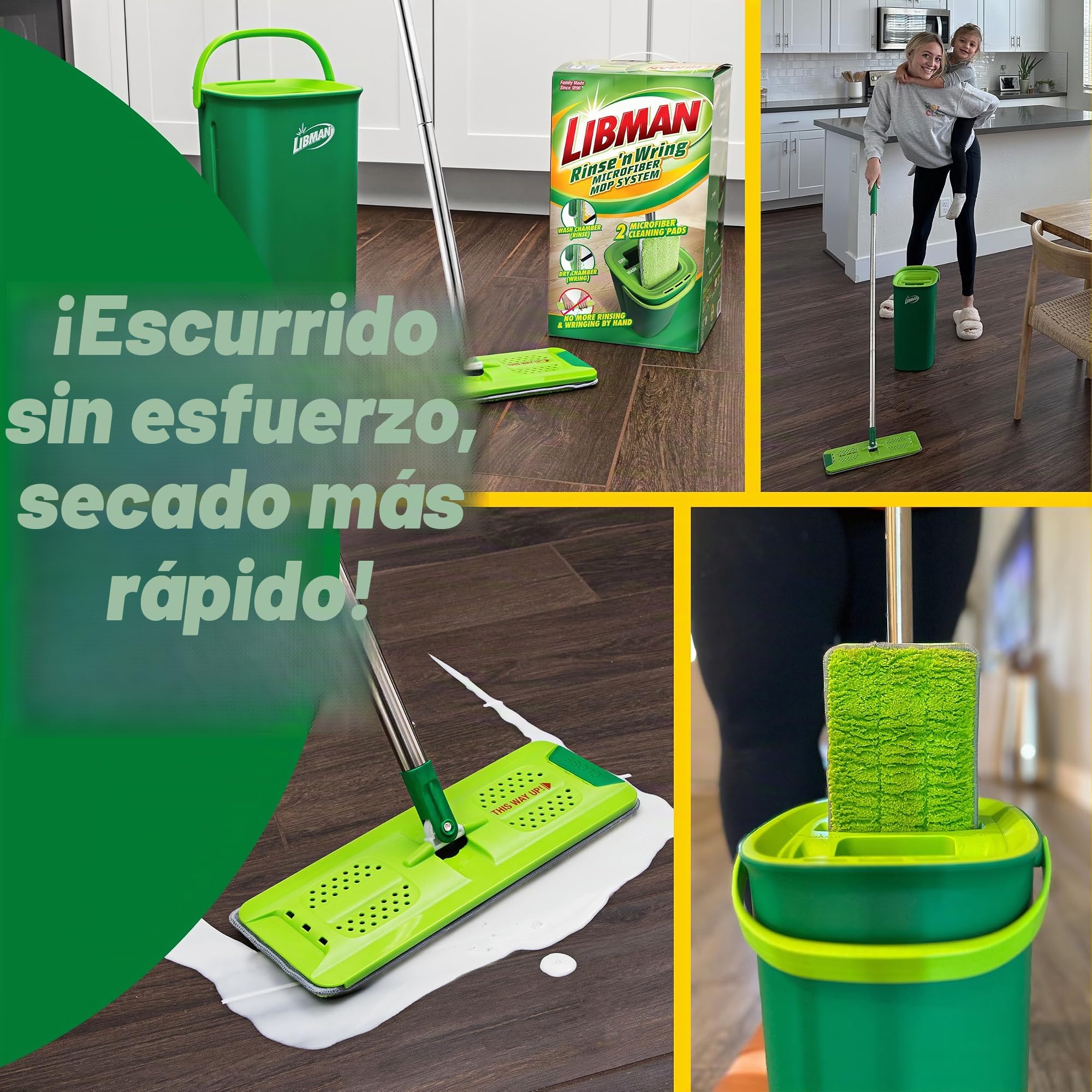 Libman Rinse 'n Wring Mop and Bucket System | Mopa de Microfibra para Suelos | Limpiador de Suelos de Madera Dura | Mopa húmeda y Seca | Cámaras de Agua Limpia y Sucia | Cuchillas de Goma | 2