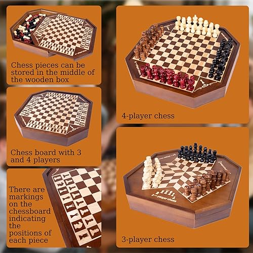 Miniatura 4 de Juego de mesa de ajedrez de madera para 3 o 4 jugadores, juego de ajedrez, juego IQ, un tablero de ajedrez con posiciones marcadas de piezas de