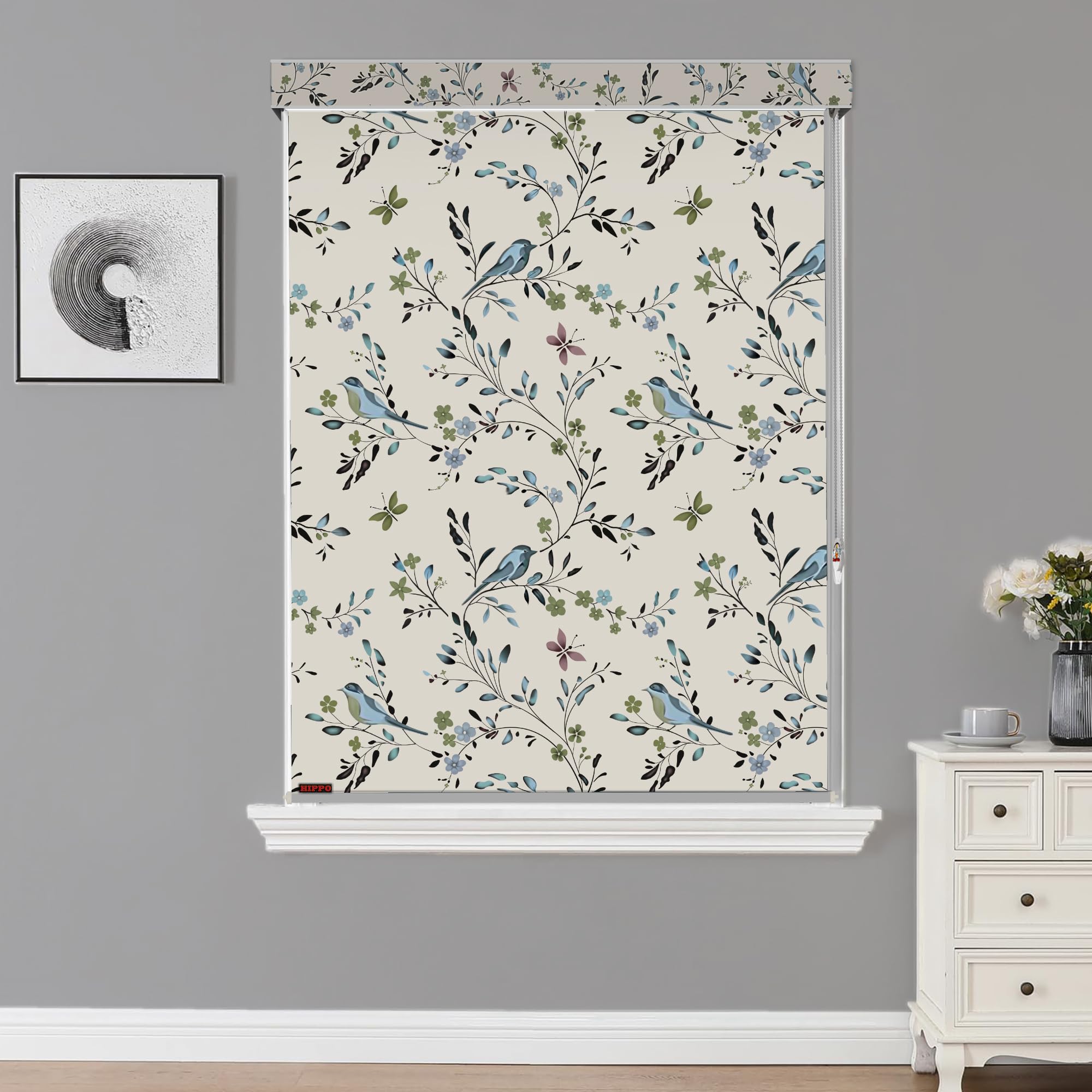 HIPPO Polyester Printed Semi Blackout Indoor Roller Blinds for Windows Sun & UV Protection Corded Roll Up & Down Blind for Home Office Cafes (Blue-Birds, 4FTX5FT)