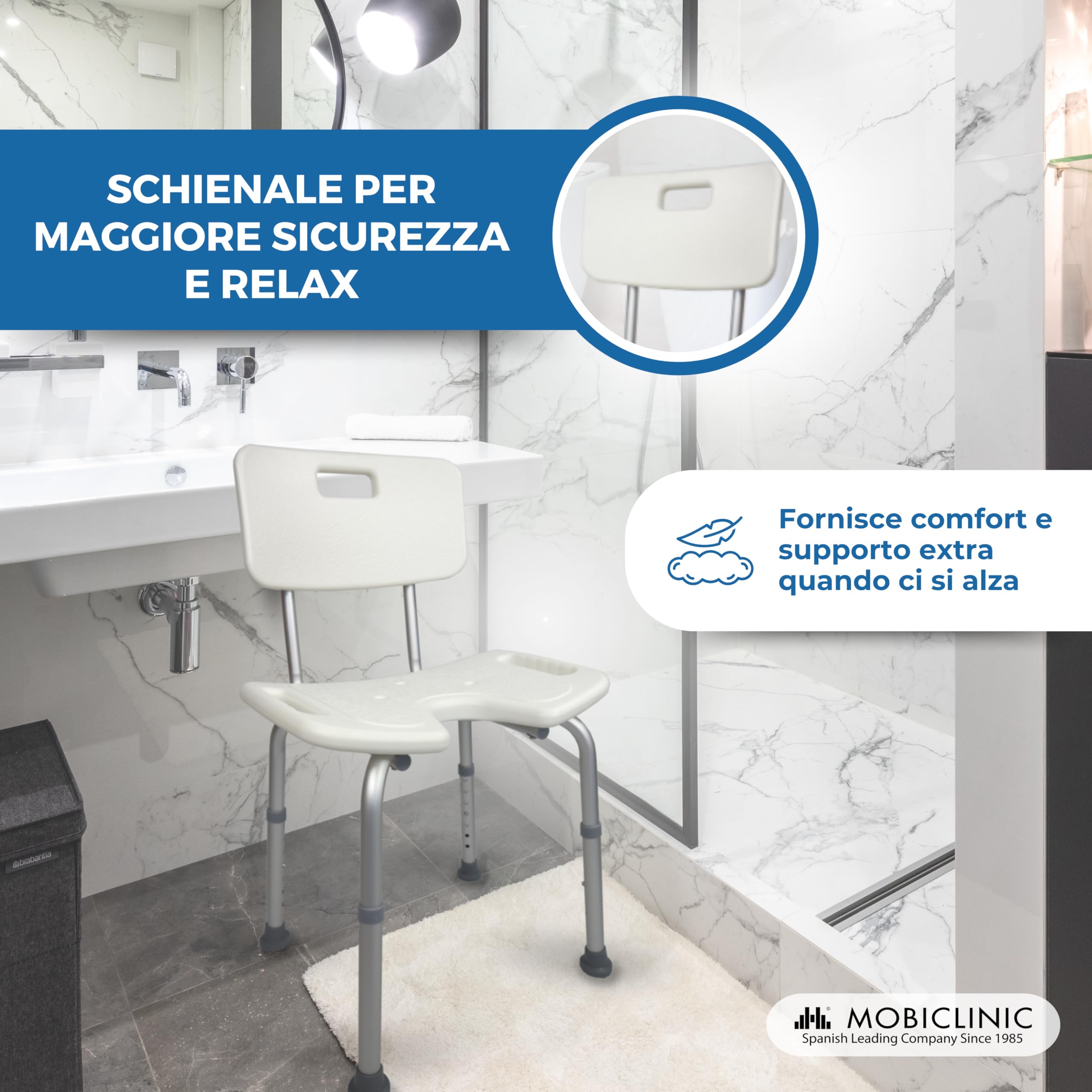 Mobiclinic, Sedia per doccia, Marisma, Marchio europeo, Con schienale, Marcatura CE, Ausili per disabili e/o anziani, Pieghevole e regolabile, Piedini antiscivolo, Alluminio