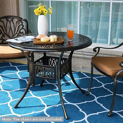 Miniatura 2 de MEETWARM Mesa de comedor redonda de 35.4 pulgadas para patio, mesa de comedor de aluminio fundido para exteriores con agujero para sombrilla de 2