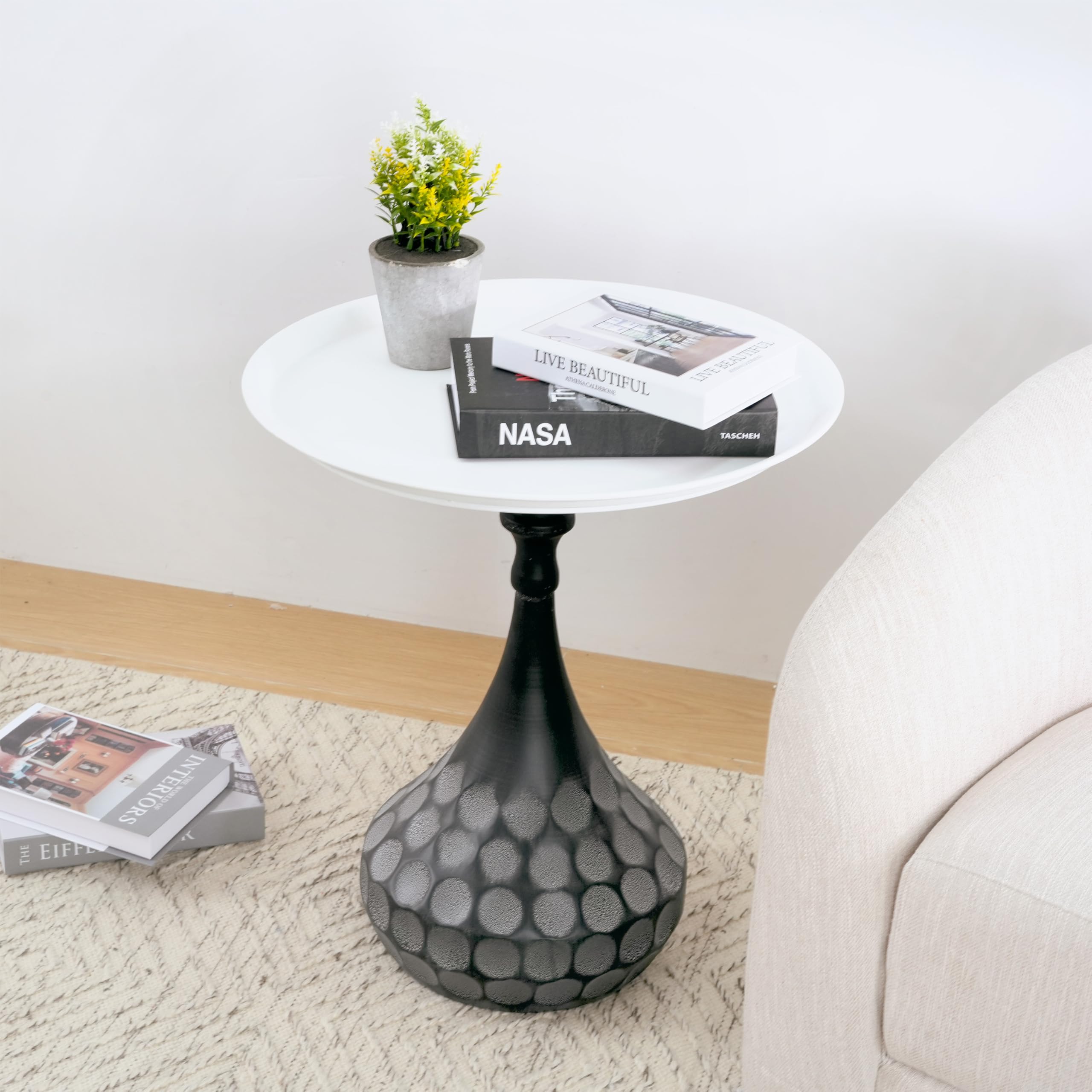 Christopher Knight Home Jorine Accent Side Table, Metal End Table, Round Tabletop, Hand-Hammered Texture Pedestal, Sofa Side Desk, Small Nightstand for Living Room, Easy Assembly, White+Black