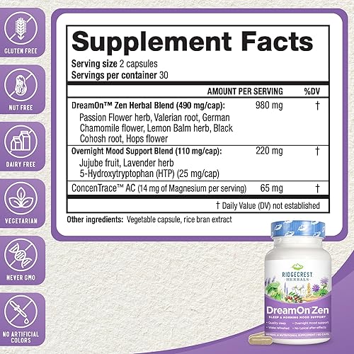 Miniatura 2 de Ridgecrest Herbals DreamOn Zen, suplemento de apoyo para dormir, sin melatonina, magnesio, 5-HTP, lavanda, manzanilla, valeriana, bálsamo de limón