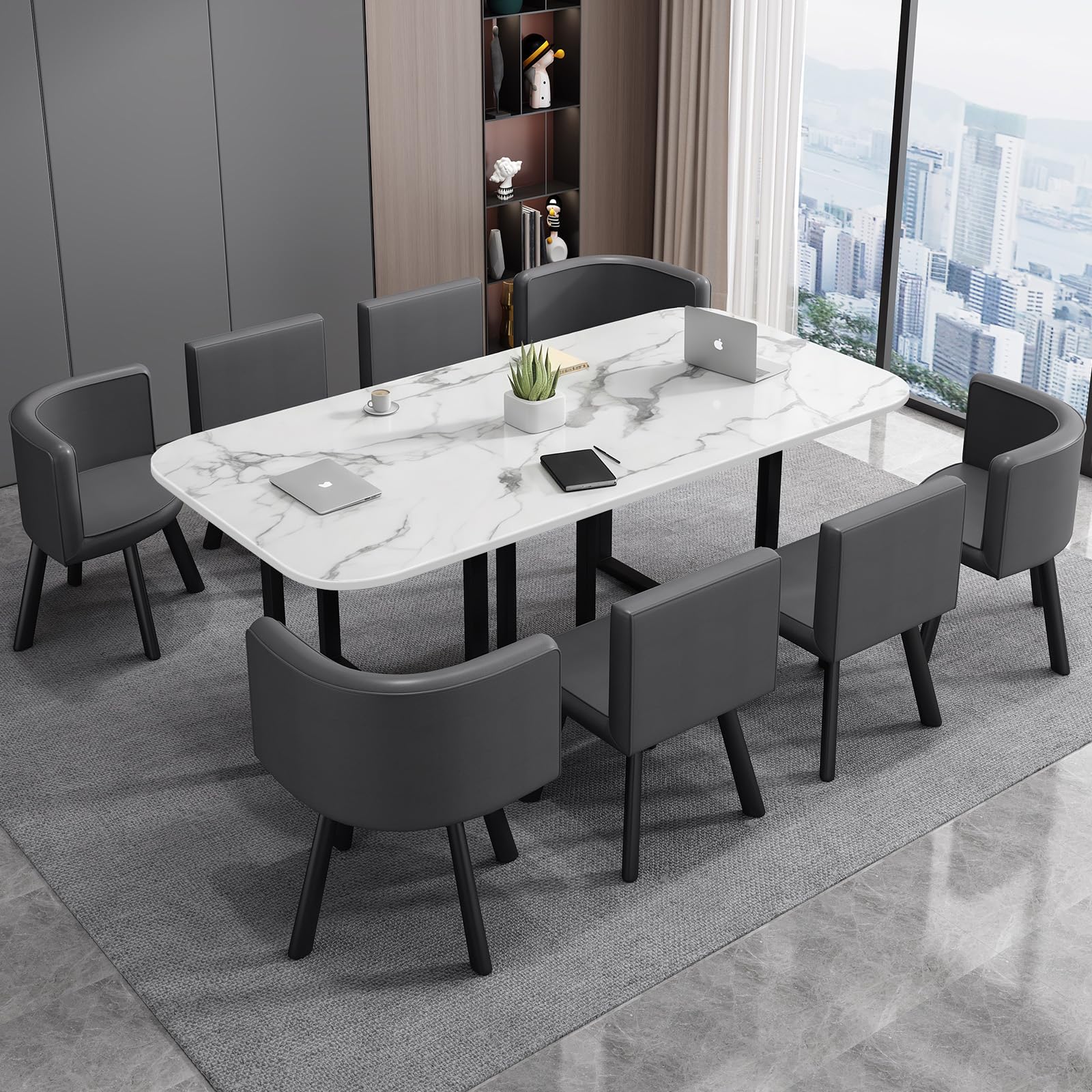 Großer Konferenztisch Inklusive 8 Stühle Moderner Besprechungstisch Metallrahmen für 8–12 Personen, industrieller Seminartisch für Büro, Esszimmer, 180x90cm (L x B),Weiß