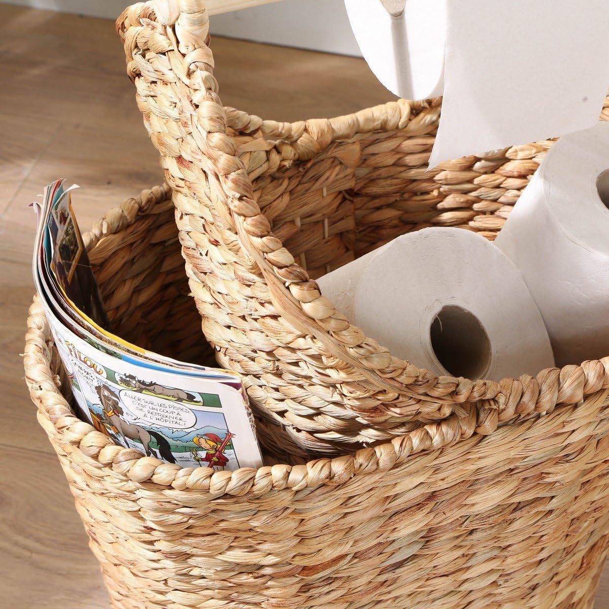Calicosy – Panier de Rangement en Jacinthe d’Eau pour Papier Toilette – Naturel, avec Poignée – L39 x P28 x H42 cm – Rangement WC Pratique et Décoratif