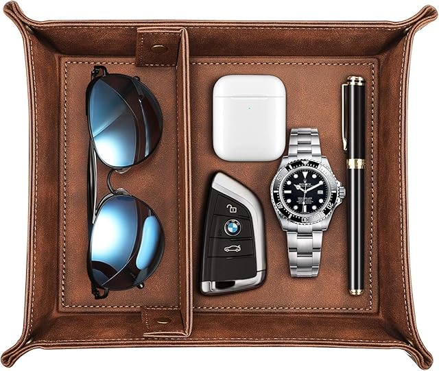 SITHON Valet Tray Desktop Storage Organiser  Premium PU Leather Collapsible Catchall Tray Bedside Vanity Tray Nightstand Caddy Holder for Remote Controller, Keys, Phone, Wallet, Coin, Jewelry,
