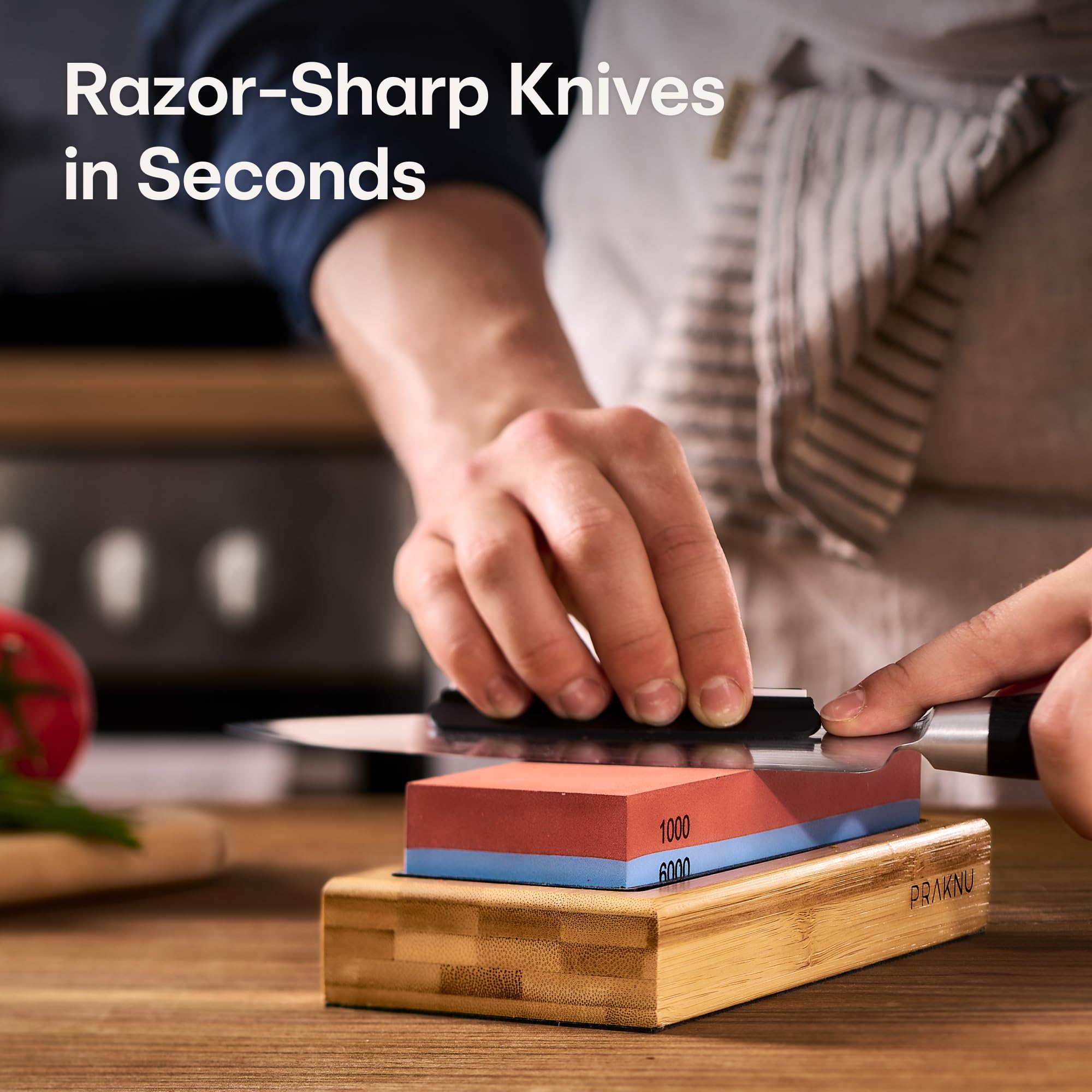 Praknu Whetstone Knife Sharpener – 1000/6000 2 Sided Grit with FSC® Bamboo Base - Non-Slip Silicone Holder & Angle Guide – Knife Sharpening Stone Set