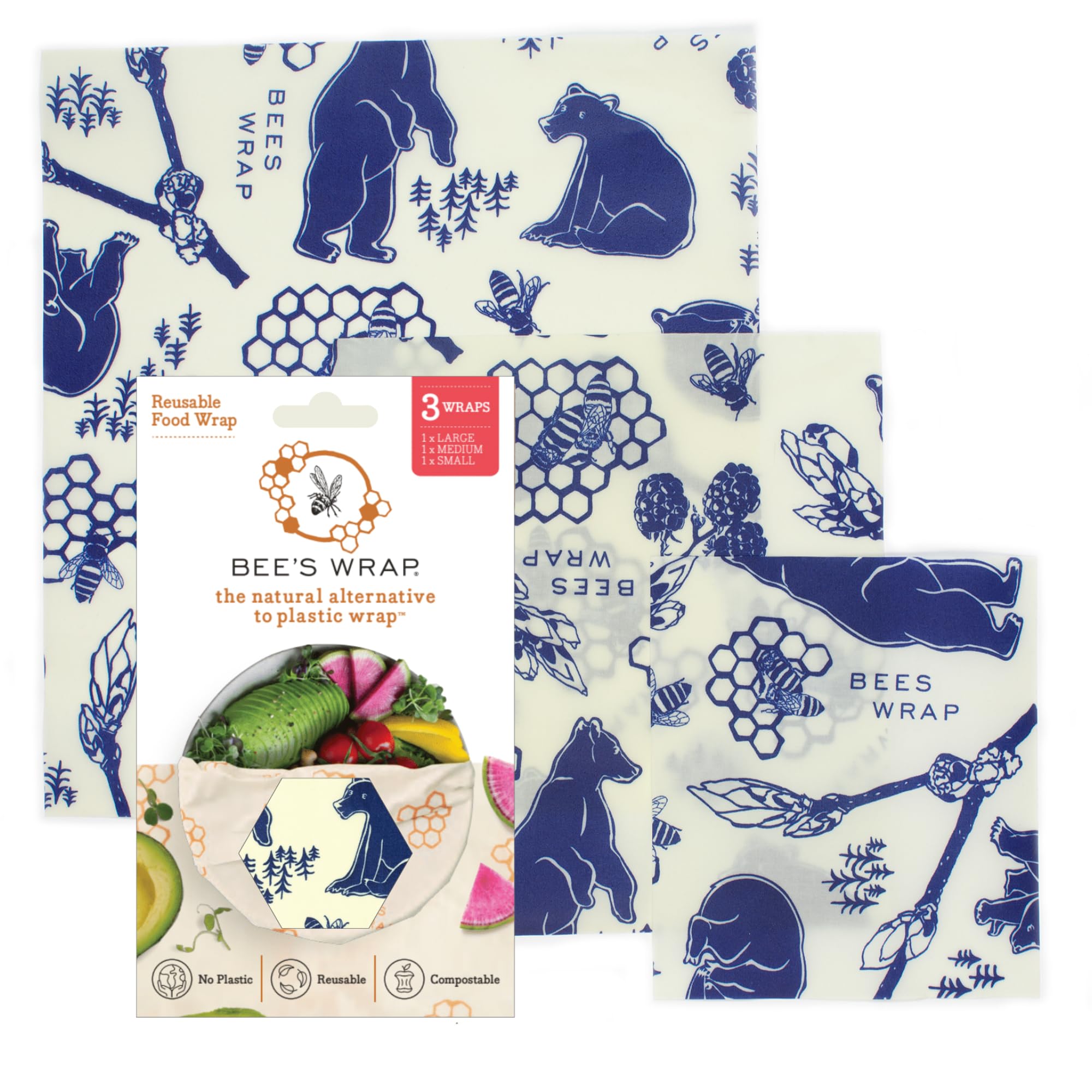 Bee's Wrap Beeswax Wraps for Food - Made in USA Reusable & Organic Food Wraps, Sandwich Wrap & Bowl Covers - Eco-Friendly Alternative to Aluminum Foil & Plastic Wrap, Bee's + Bears 3 Pack (S, M, L)