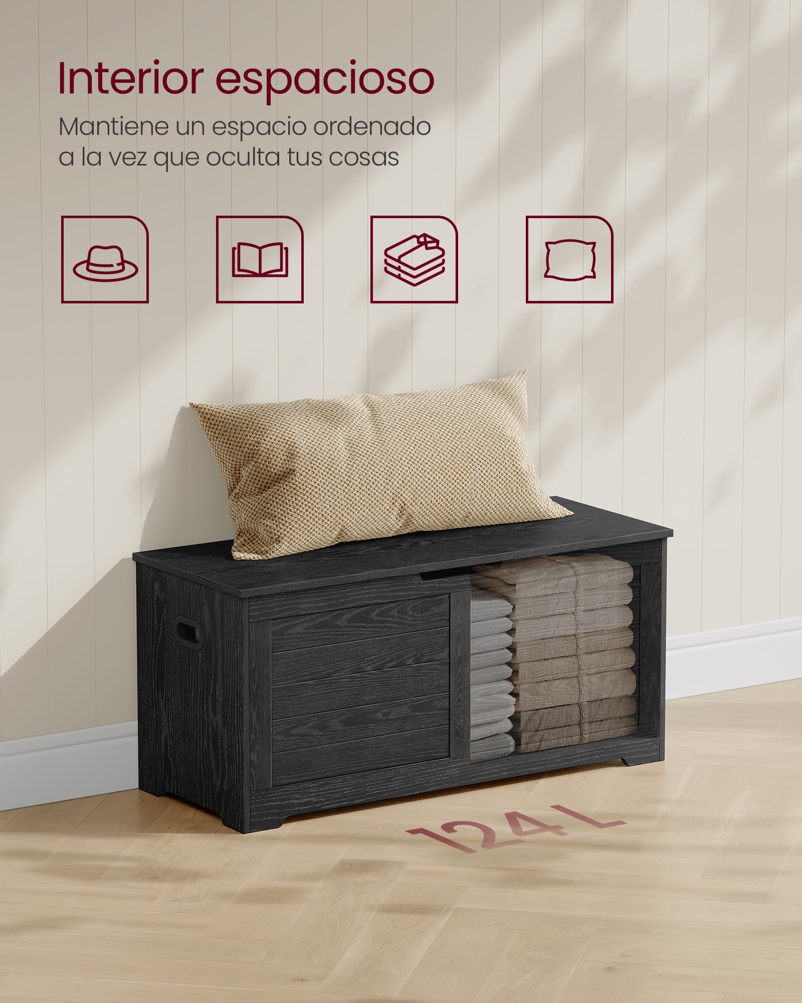 VASAGLE Puff Almacenaje con 2 Bisagras de Seguridad, 40 x 100 x 46 cm | Baúl, Banco Zapatero, Estilo de Campo, para Pasillo Dormitorio Salón, Gris Carbón, Colección SOFIE LSB061B01