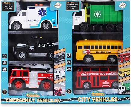Toy Cars for Toddlers - 6Pcs Pull Back Cars Toys with Light and Sounds, City and emergency vehicles set, Including Police Car, Fire Truck, Ambulance, School bus, Tour Bus, Garbage Truck