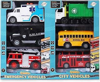 Toy Cars for Toddlers - 6Pcs Pull Back Cars Toys with Light and Sounds, City and emergency vehicles set, Including Police Car, Fire Truck, Ambulance, School bus, Tour Bus, Garbage Truck
