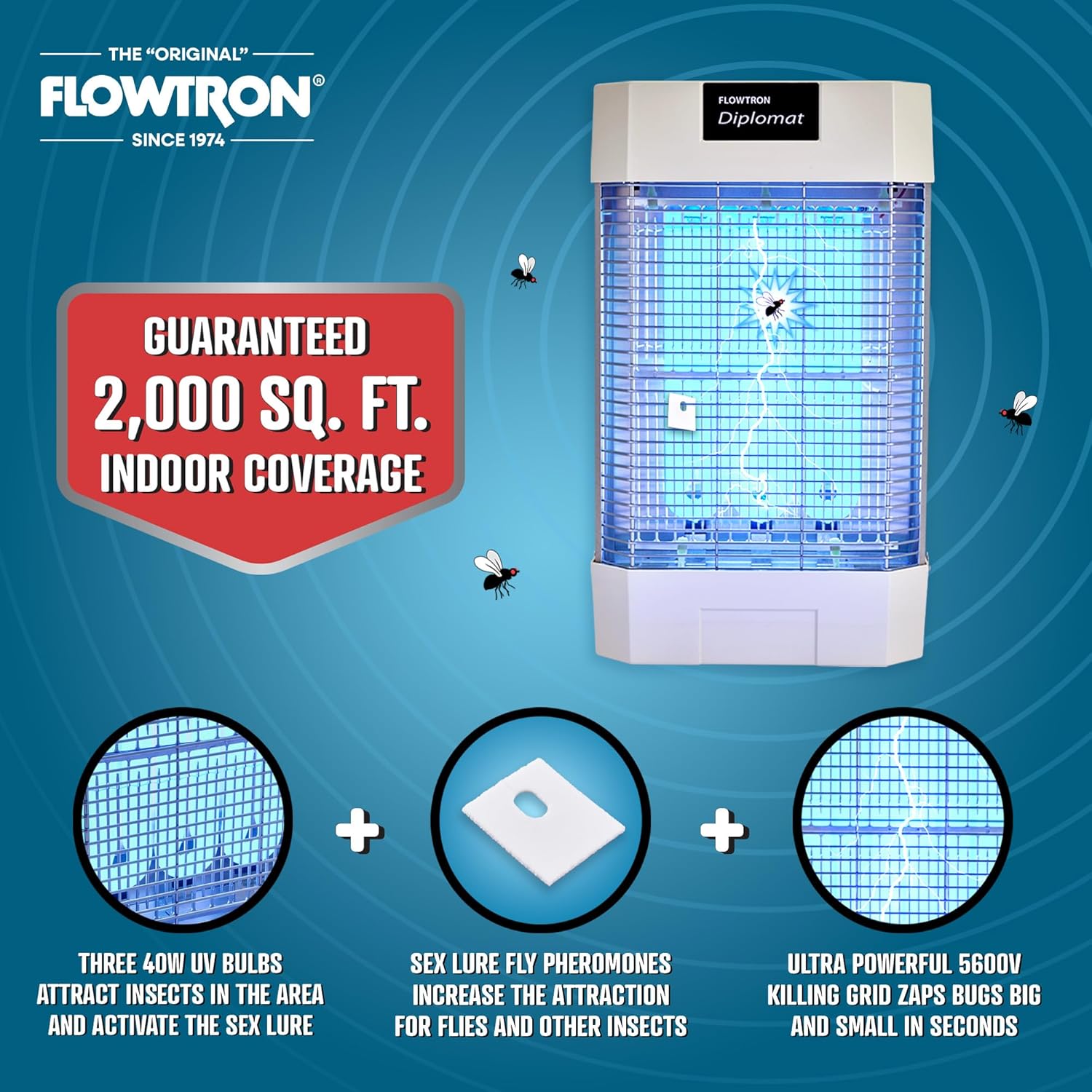 Flowtron Indoor Bug Zapper | Electric Fly & Insect Killer with 120W UV Light, Pheromone Lure Attractant, Shock Kill Grid & Reflector Panels | 2000 Sq Ft for Kitchen, Restaurant & Barn, UL Certified