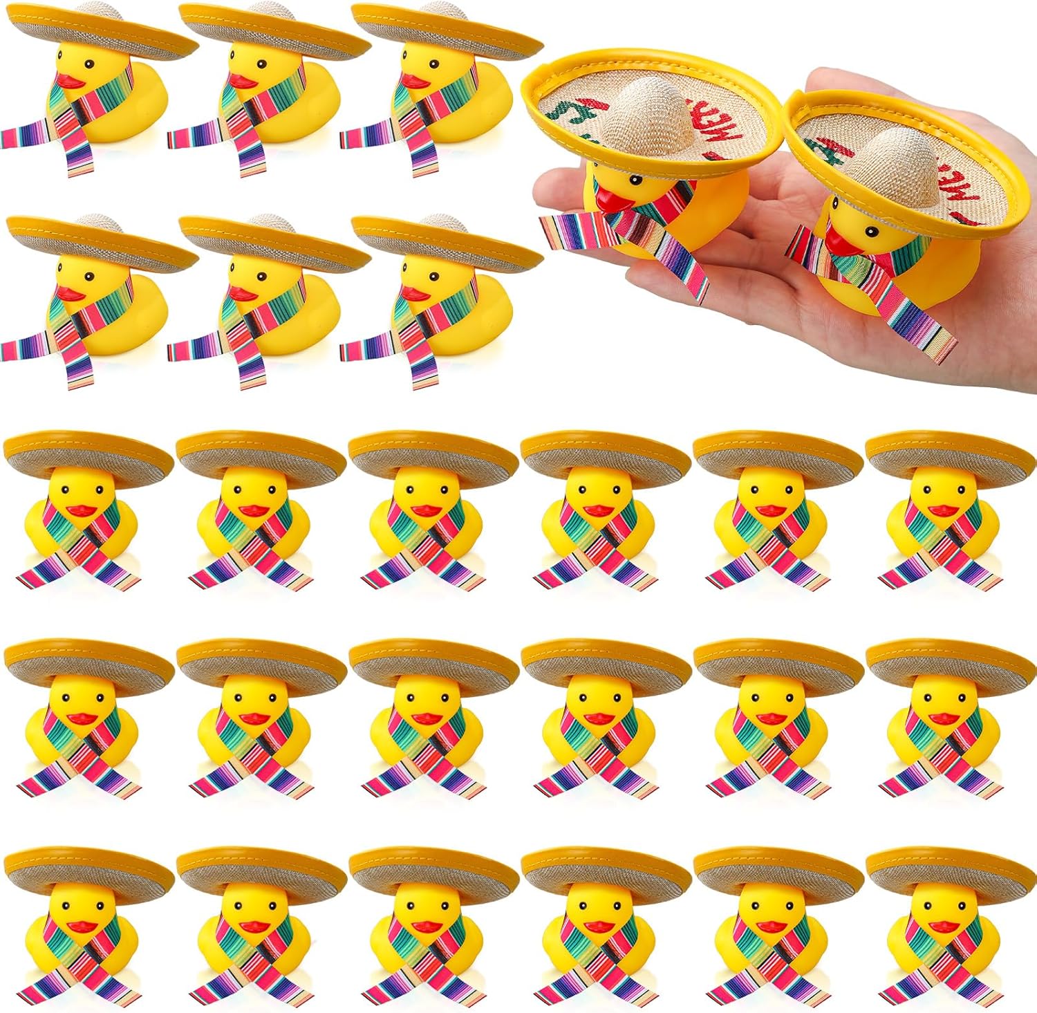 Skylety 24 Pcs Mexican Fiesta Rubber Ducks Bulk with Mini Sombrero Hats and Scarf for Carnivals Cinco De Mayo Supplies Mexican Fiesta Decorations